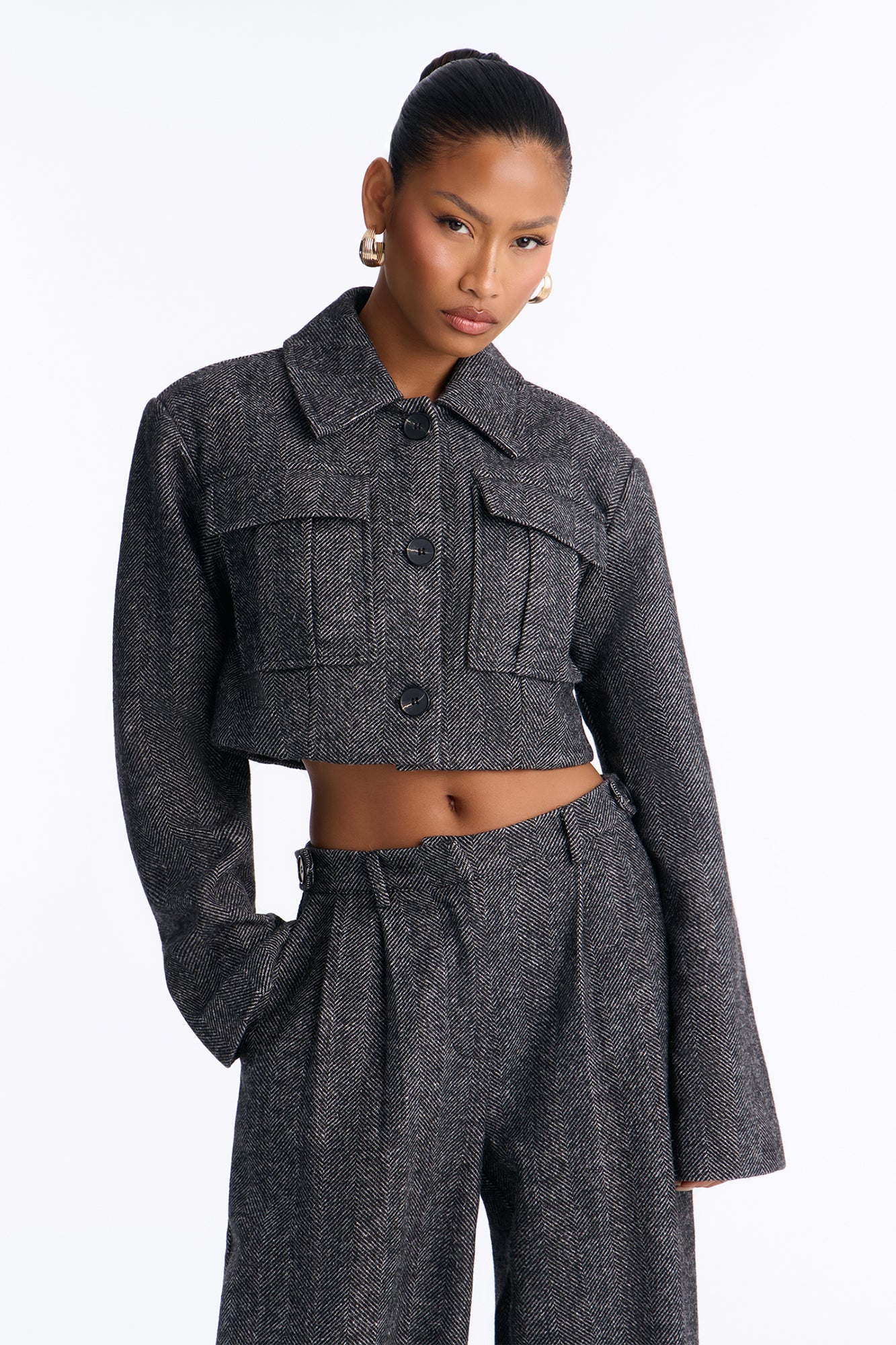 Caroline Cropped Boxy Twill Jacket - Charcoal