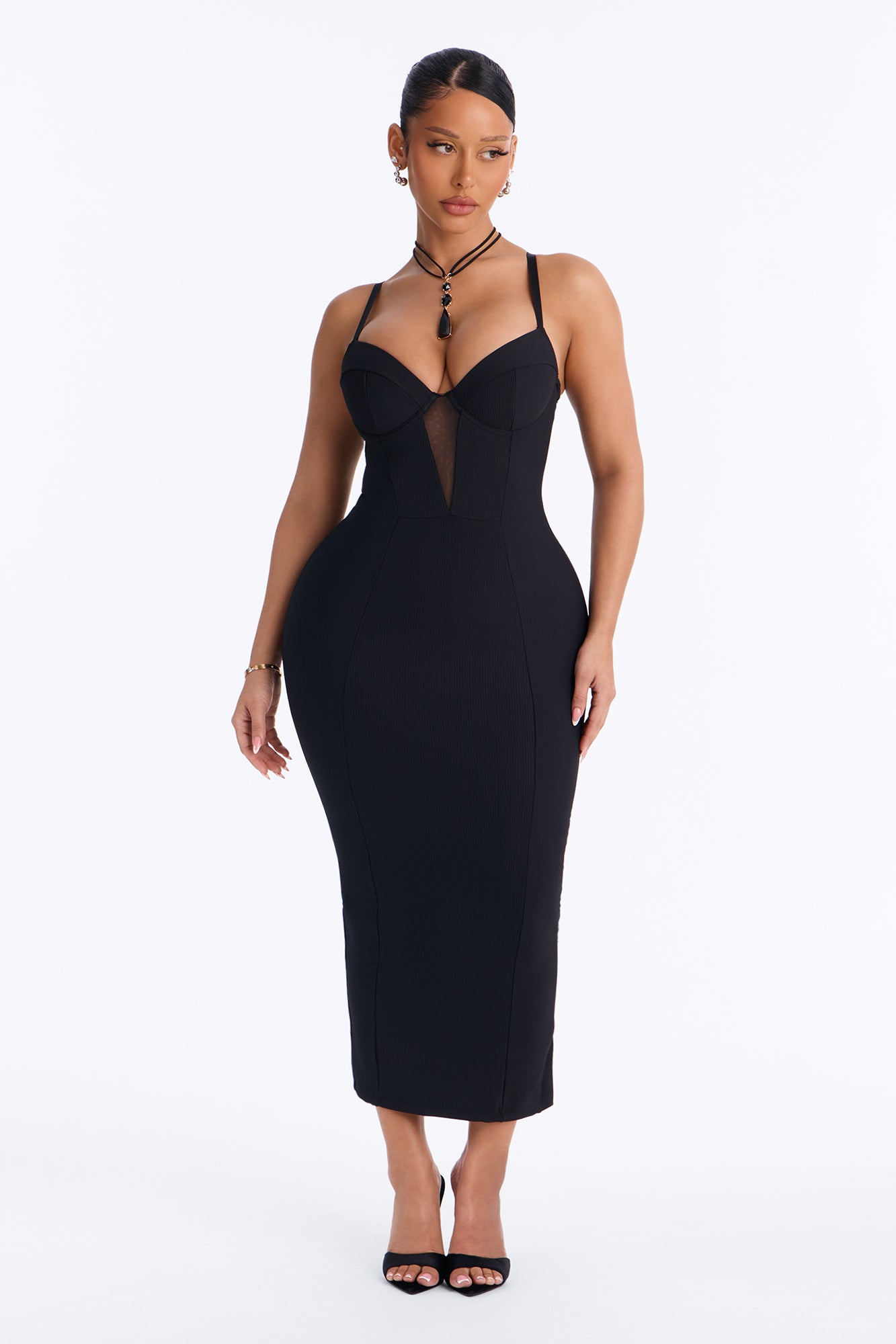 Sleek Look Shaping Ribbed Midi Dress - Black