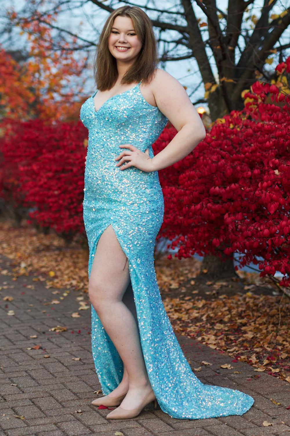 Long Blue Sequins Prom Dress with Spaghetti Straps and Front Split