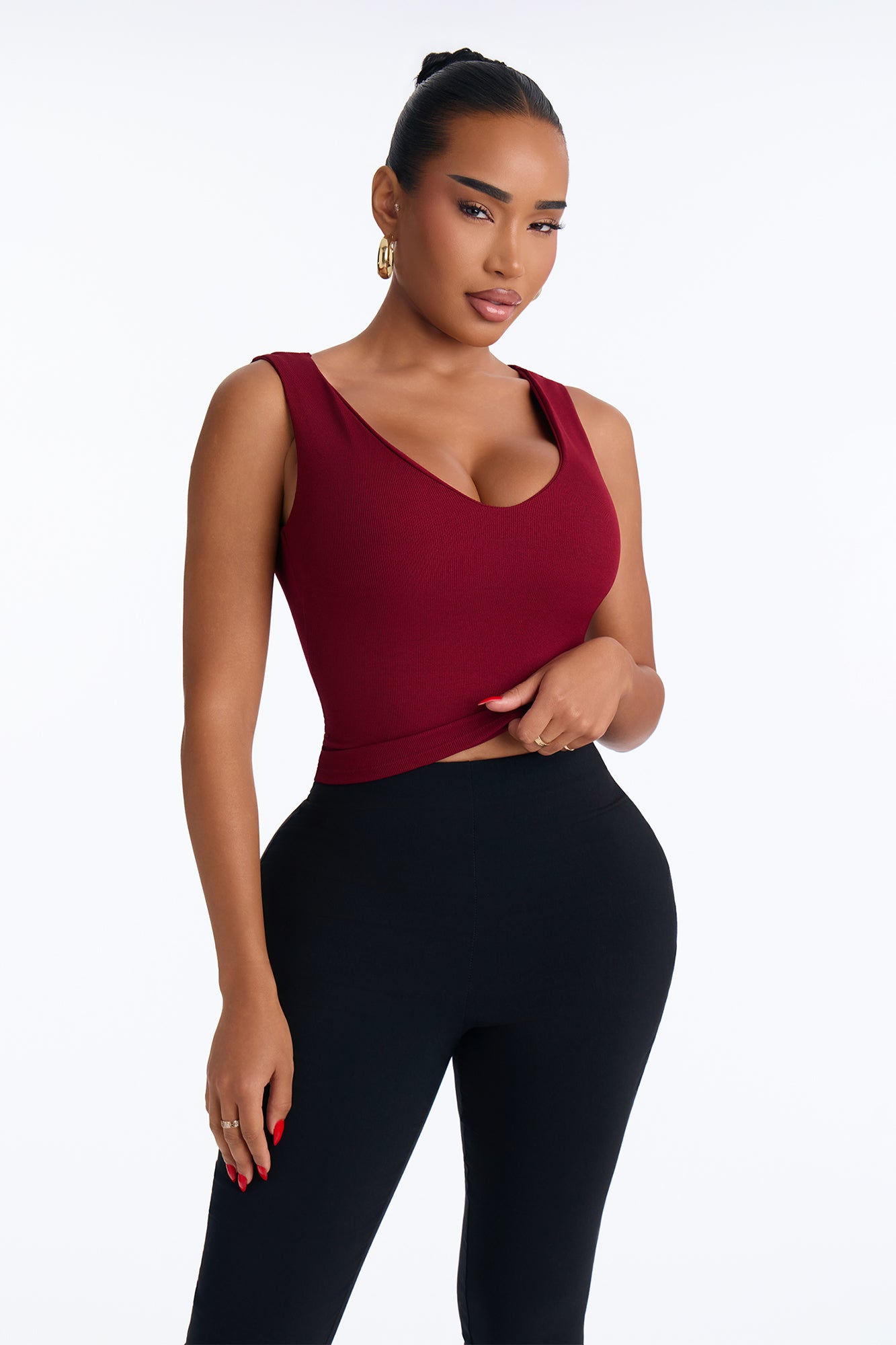 Jodie Wide V-Neck Ribbed Sleeveless Top - Wine