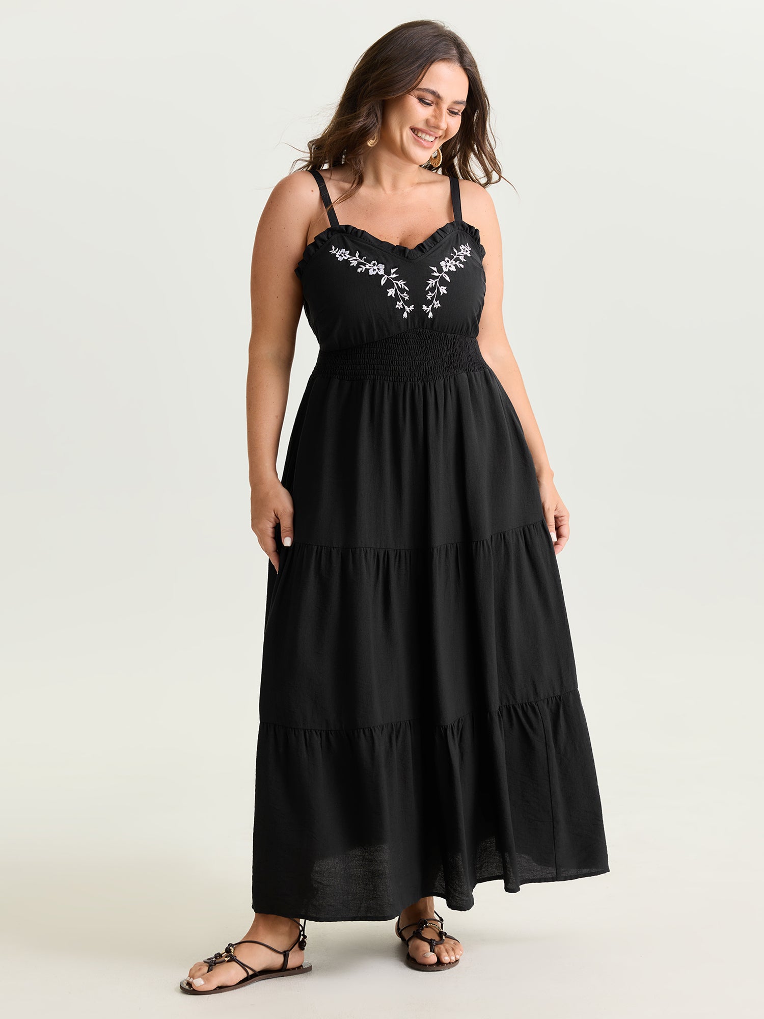 Supersoft Embroidered Neckline Shirred Tiered Maxi Dress