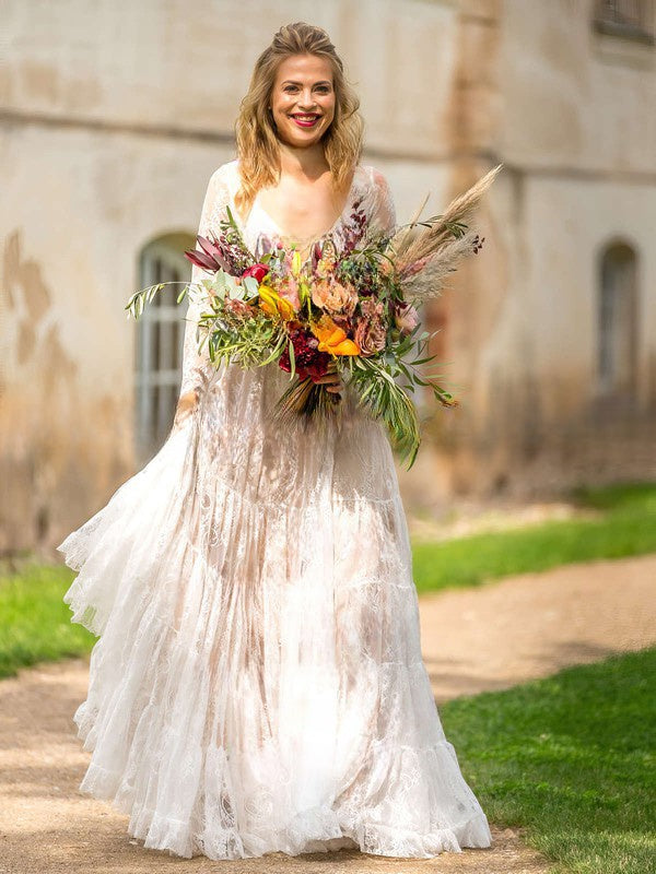 Exquisite A-Line V-Neck Tulle Long Sleeves Sweep Train Wedding Dresses