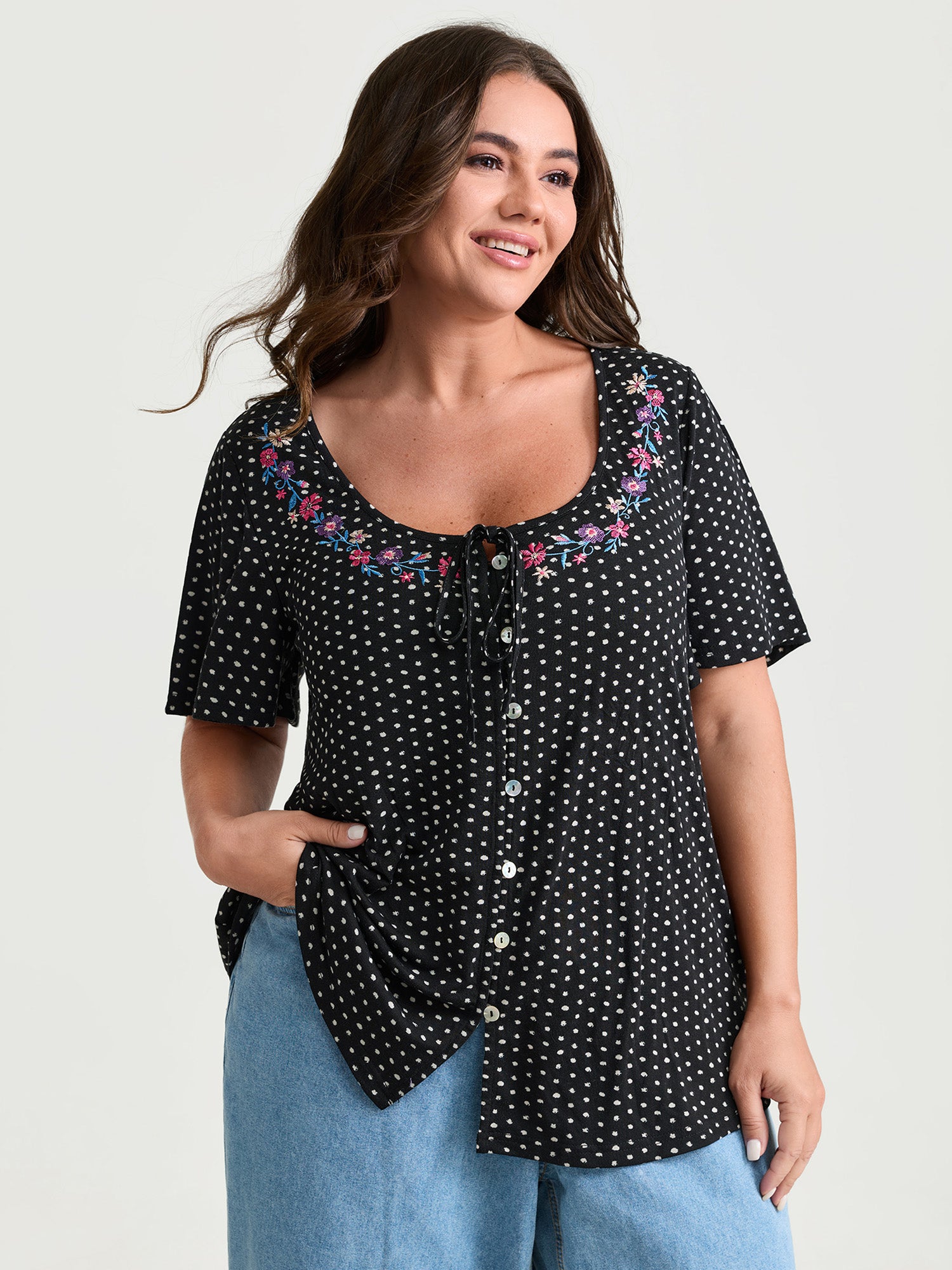 Colorful Floral Embroidered Neckline Polka Dot Top