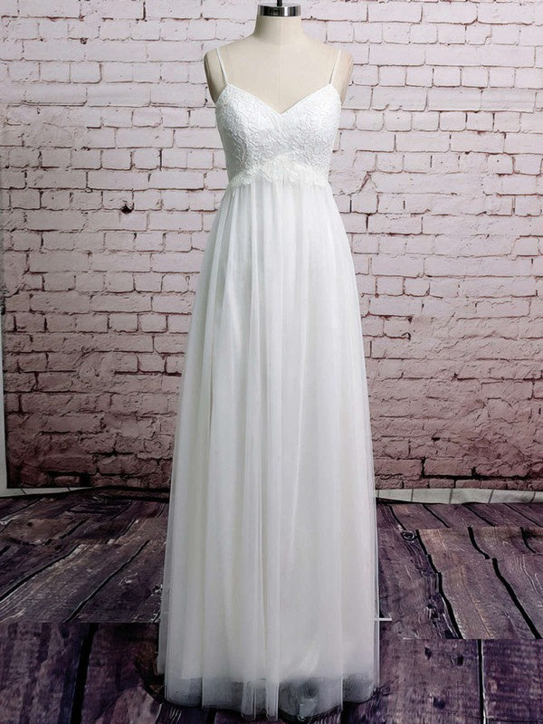 Sexy A-Line V-Neck Spaghetti Straps Tulle Floor-Length Wedding Dresses