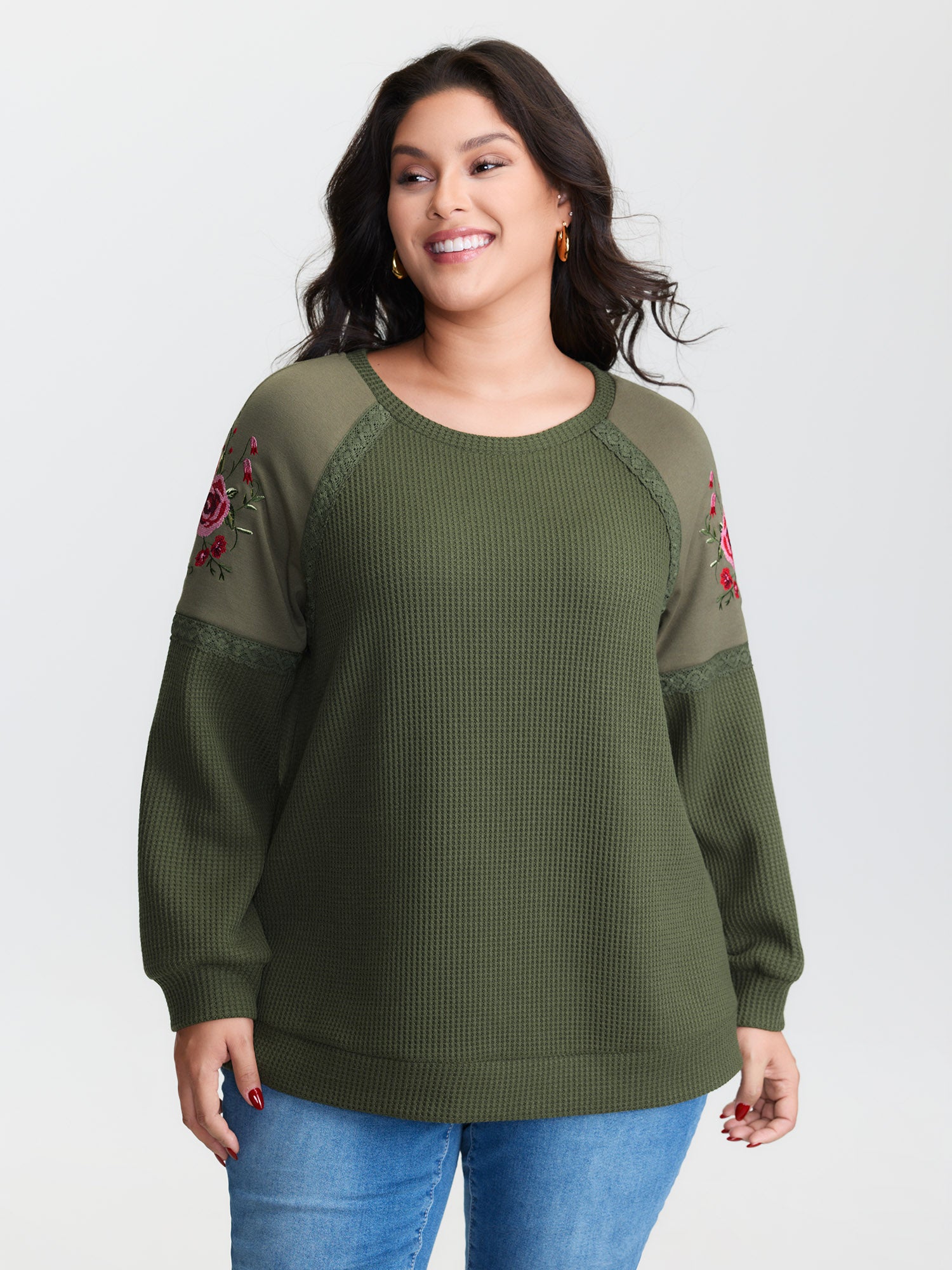 Crossstich Lace Trim Floral Embroidery Sweatshirt