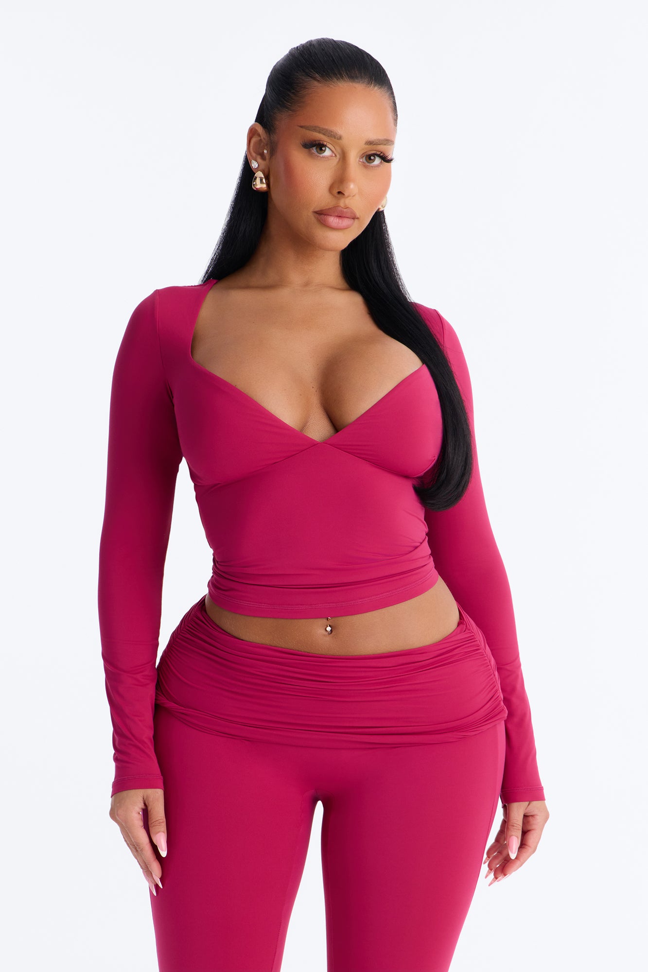 Second Skin Double Lined Bra Pad V Neck Top - Raspberry