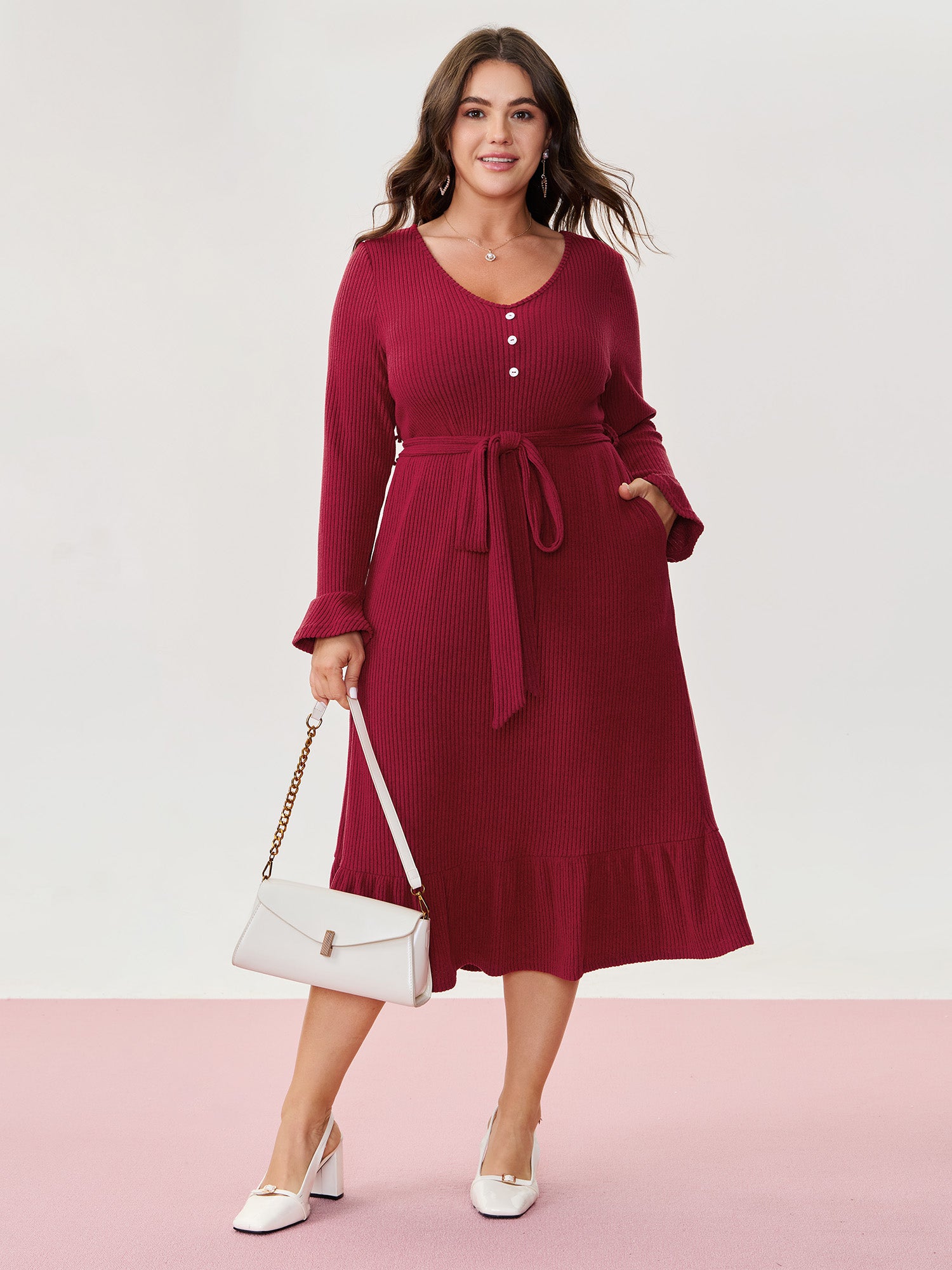Textured Belted Waist Button Midi Dress