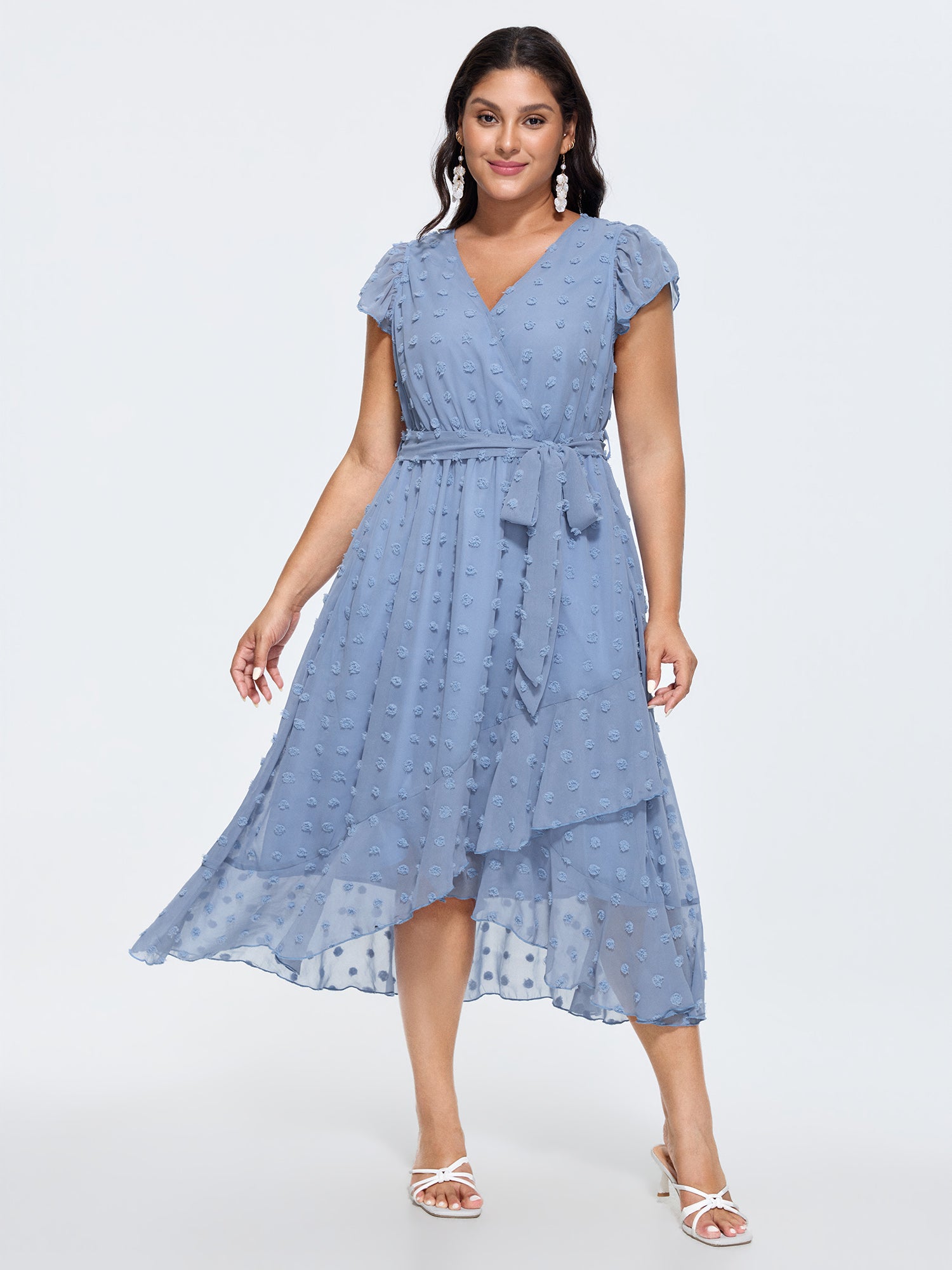 Dot Textured Asymmetrical Ruffled Hem Midi Dress