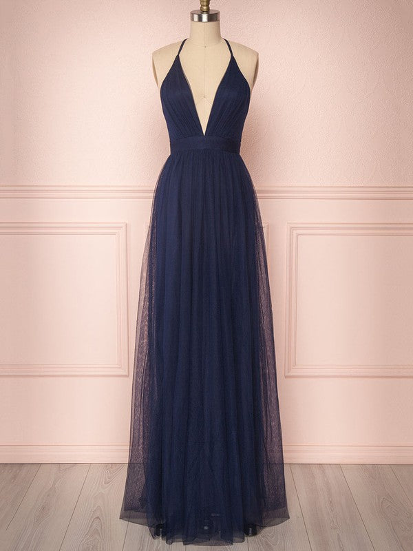 Beautiful A-Line Deep V-Neck Sleeveless Tulle Floor-Length Ruffles Bridesmaid Dresses