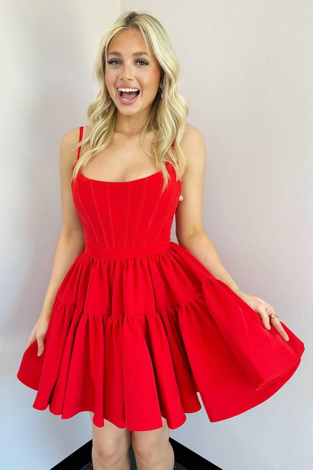 Red A Line Spaghetti Straps Short Satin Homecoming Dress/Mini Dress