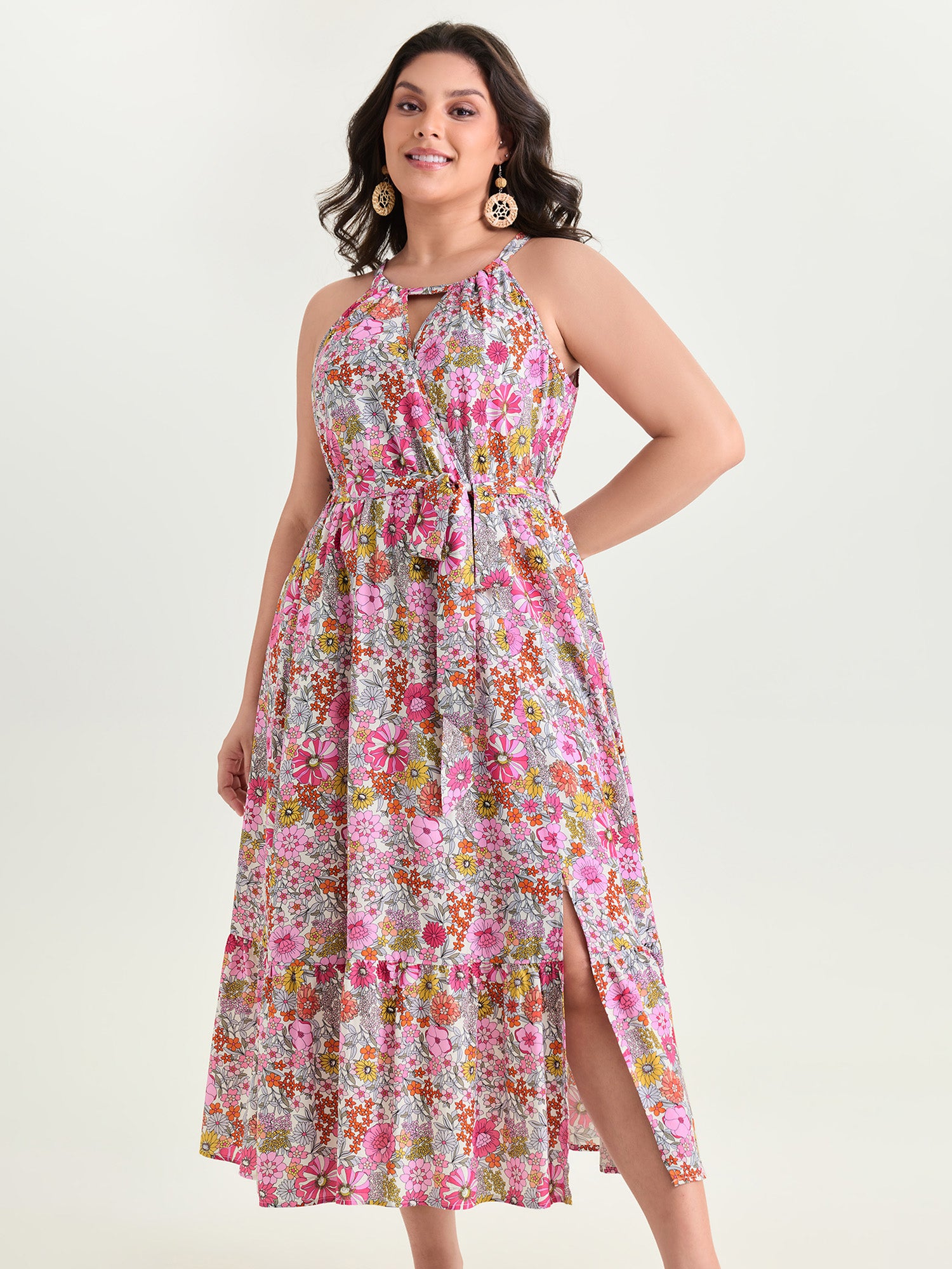 Floral Print Halter Neckline Waist-Tie Maxi Dress