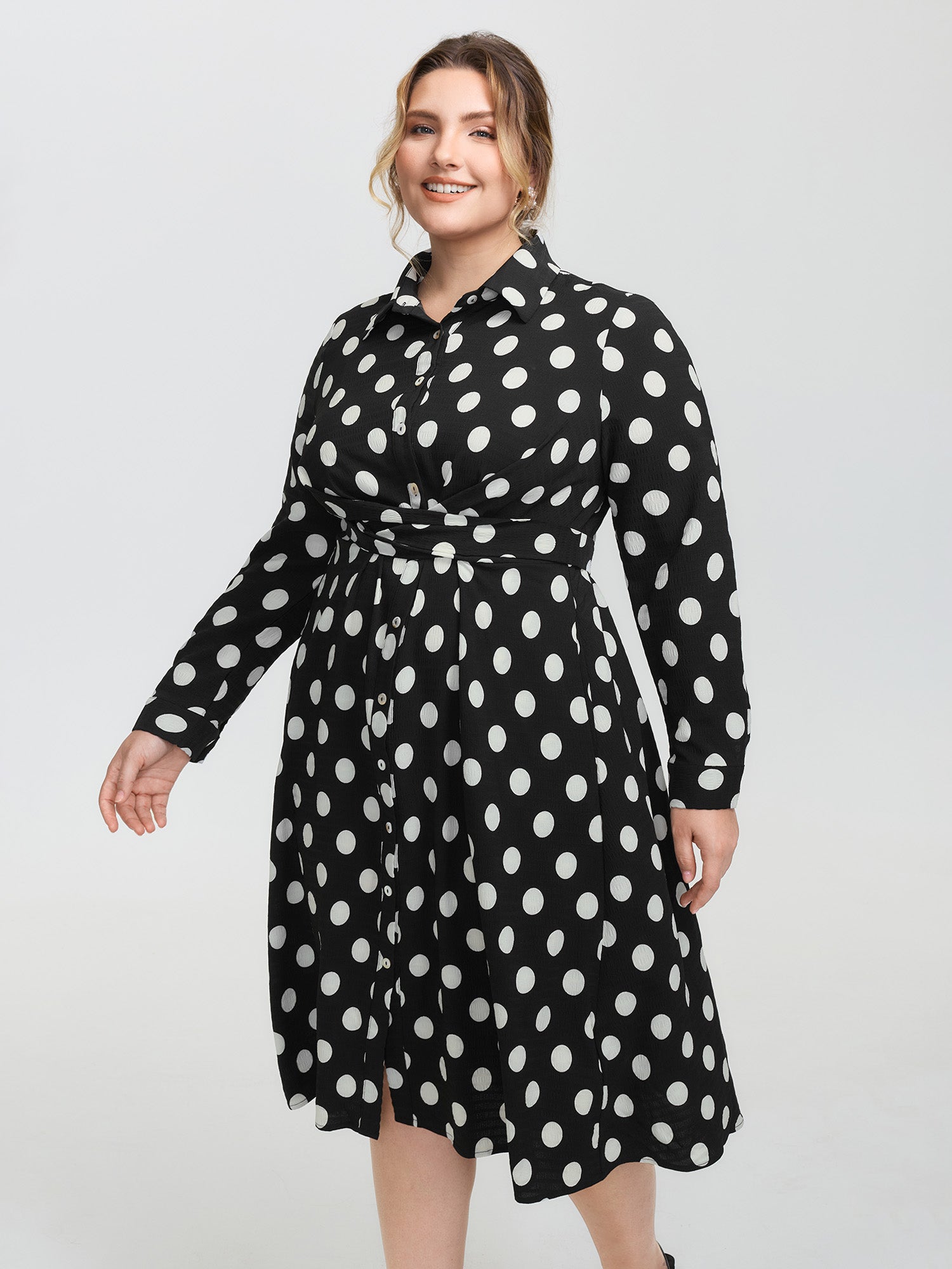 Polka Dots Crossover Pleated Waist Midi Dress
