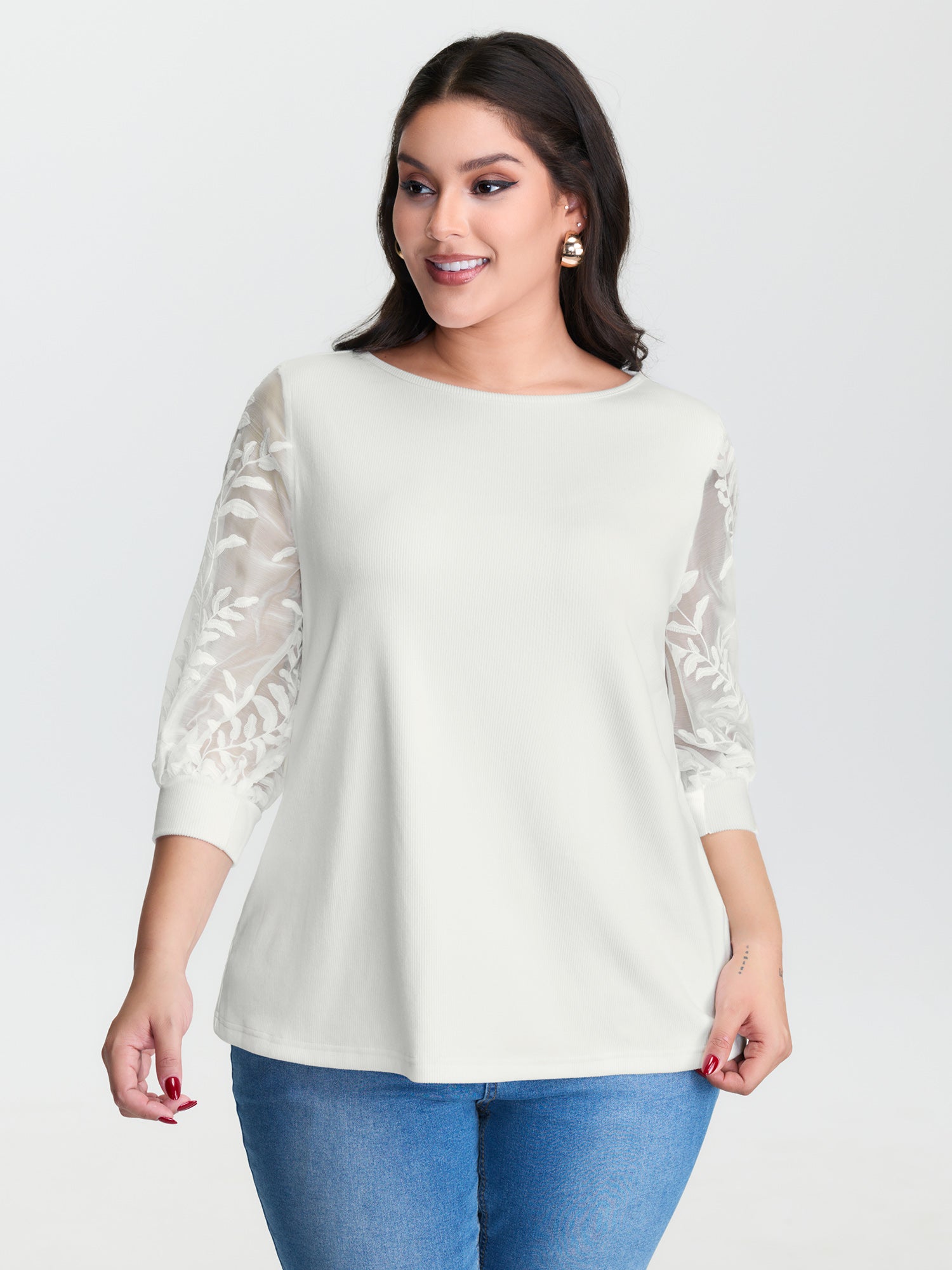 Sheer Floral Sleeve Spliced Blouse