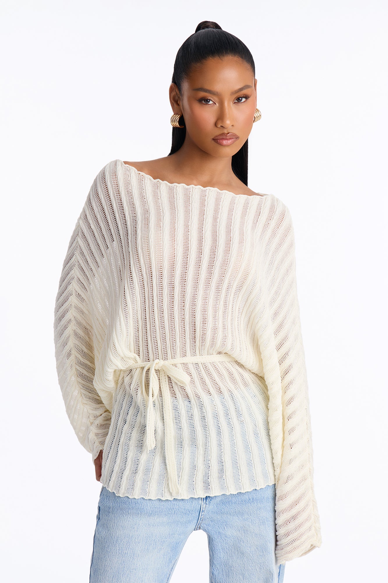 Silent Romance Tie Waist Pullover Sweater - Cream