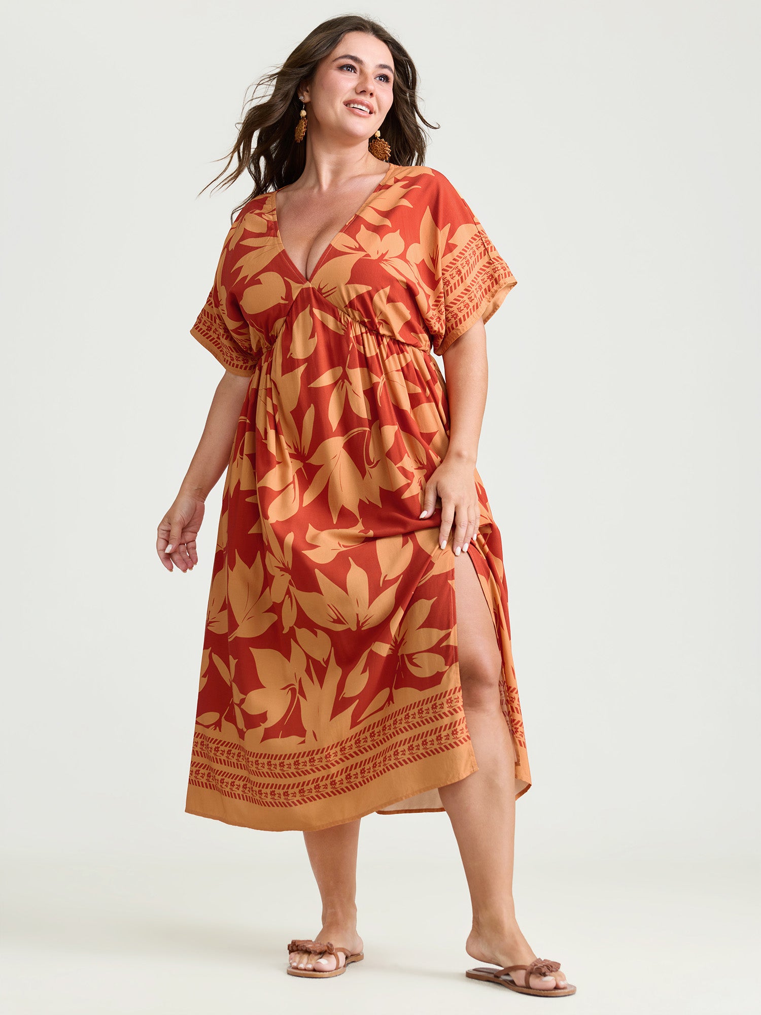 Large Floral Print Bustier V-Neck Midi Dress