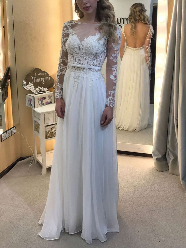 Luxurious A-Line Long Sleeves Bateau Lace Chiffon Floor-Length Wedding Dresses with Appliques