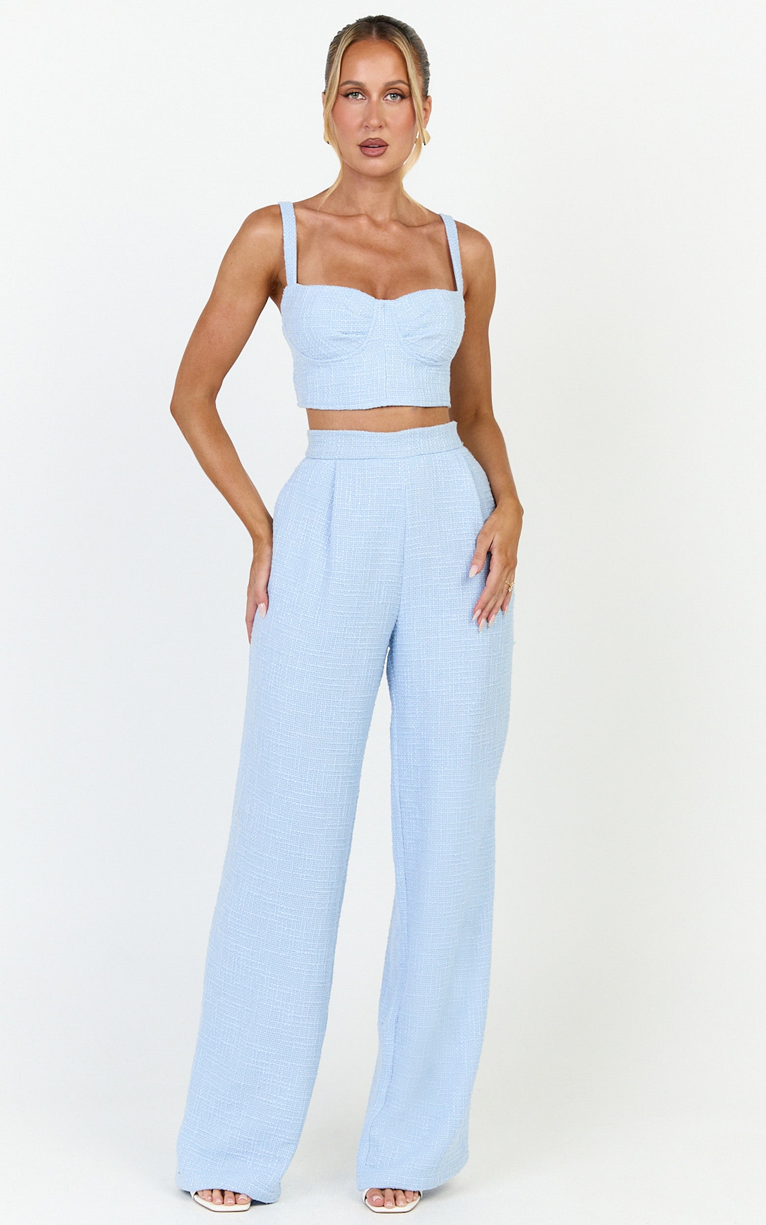 Sylvia Two Piece Set - Corset Top and High Waisted Wide Leg Pants Set in Blue