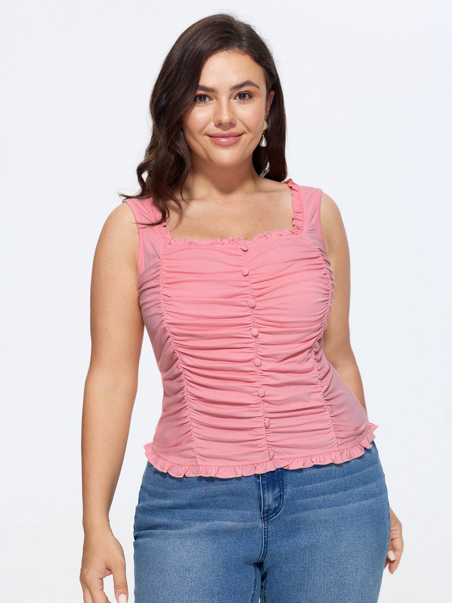 Stretchy Square Neck Ruffle Trim Ruched Tank Top