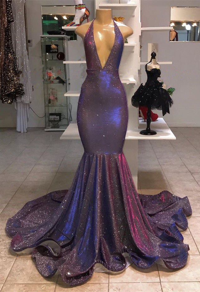 Halter V-Neck Mermaid Evening Dress With Sequins