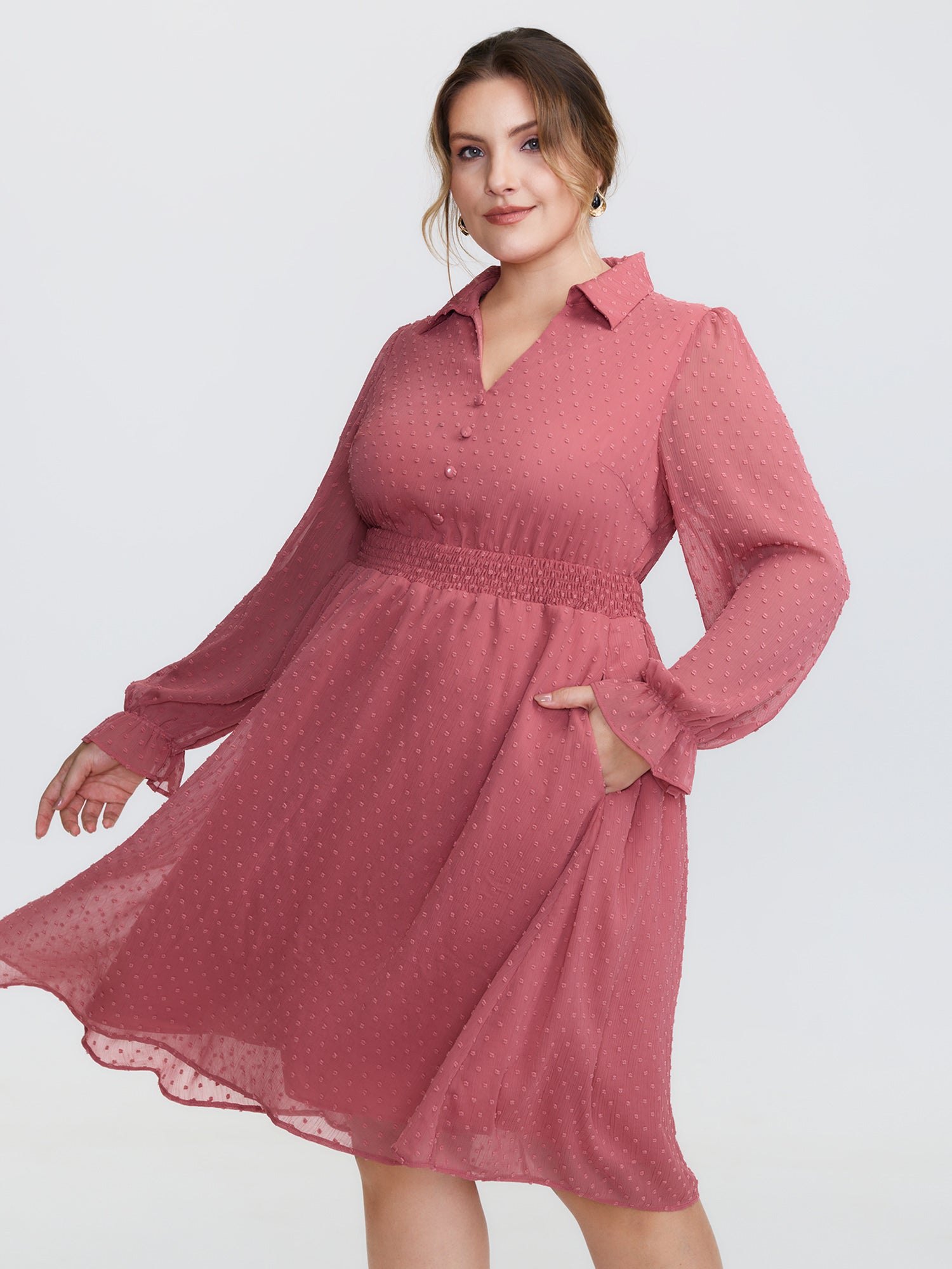 Chiffon Texture V-Neck Shirred Waist Midi Dress