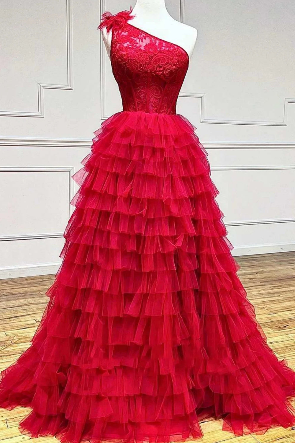 Red One Shoulder A-Line Corset Prom Dress with Tiered Ruffles
