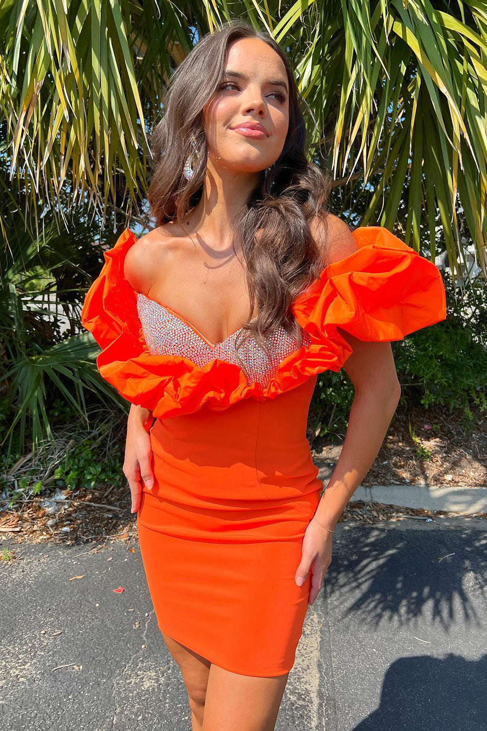 Sparkly Orange Off The Shoulder Bodycon Beaded Homecoming Dress/Mini Dress