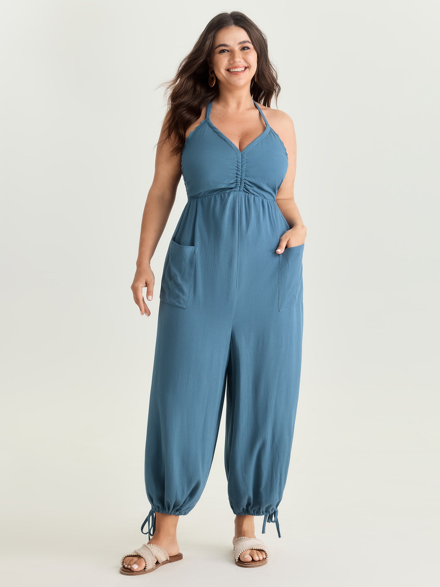 Ruched Front Crisscross Back Tie Jumpsuit