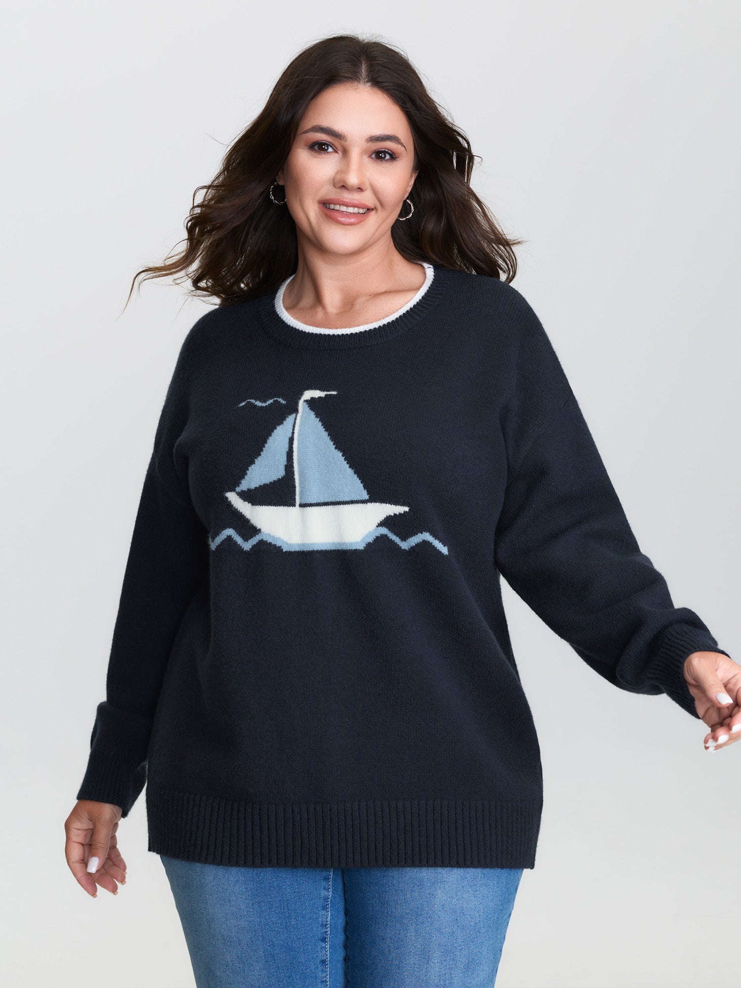 Jacquard Sail Pattern Color Contrast Pullover