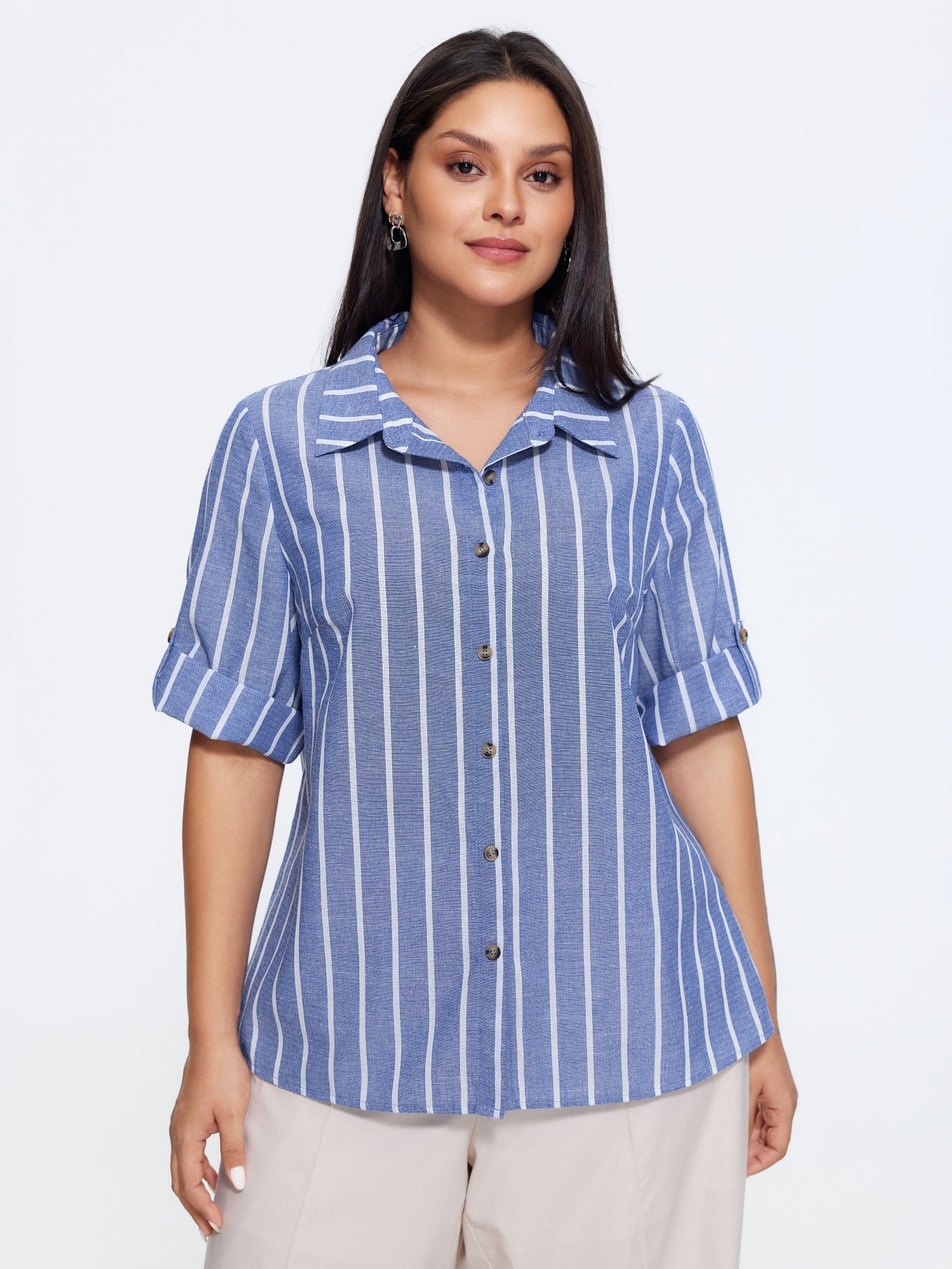 Stripe Print Button Front Tab Sleeve Blouse
