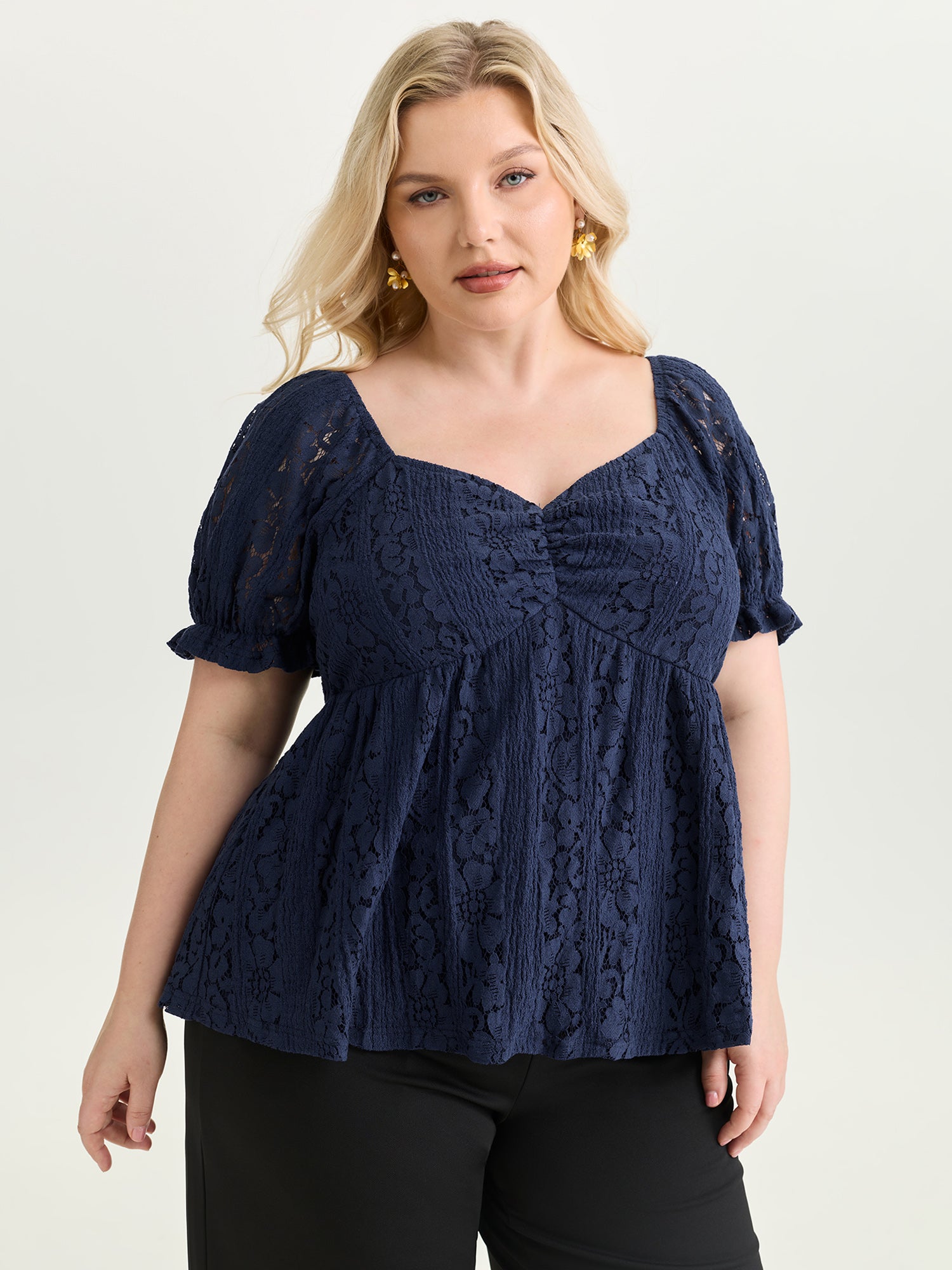 Lace Trim Ruched Bodice Blouse