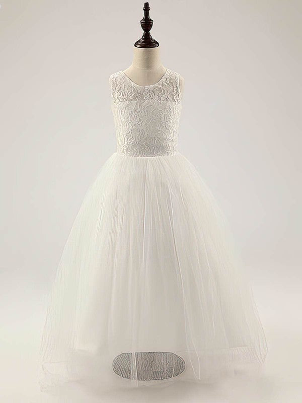 Elegant A-Line Scoop Neck Sleeveless Lace Tulle Floor-Length Ruffles Flower Girl Dresses