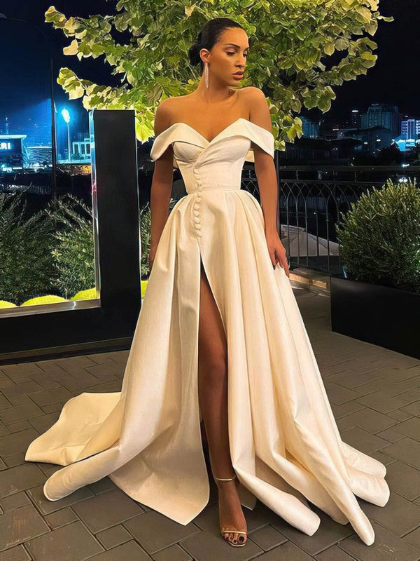 Stylish A-Line Off-The-Shoulder V-Neck Satin Split Front Sweep Train Wedding Dresses