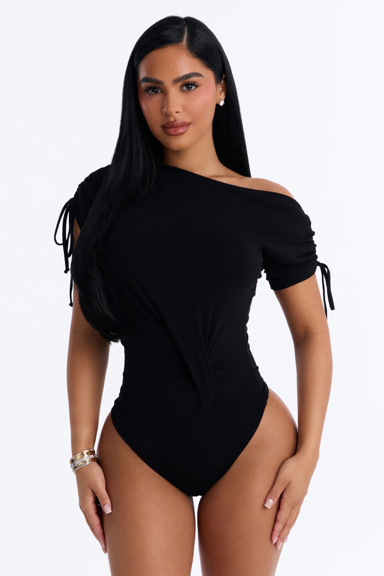 Alicia Drawstring Off Shoulder Short Sleeve Bodysuit - Black