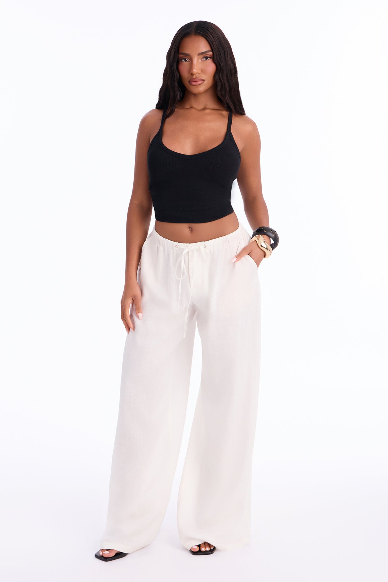 Heat Wave Linen Wide Leg Drawstring Pant - White