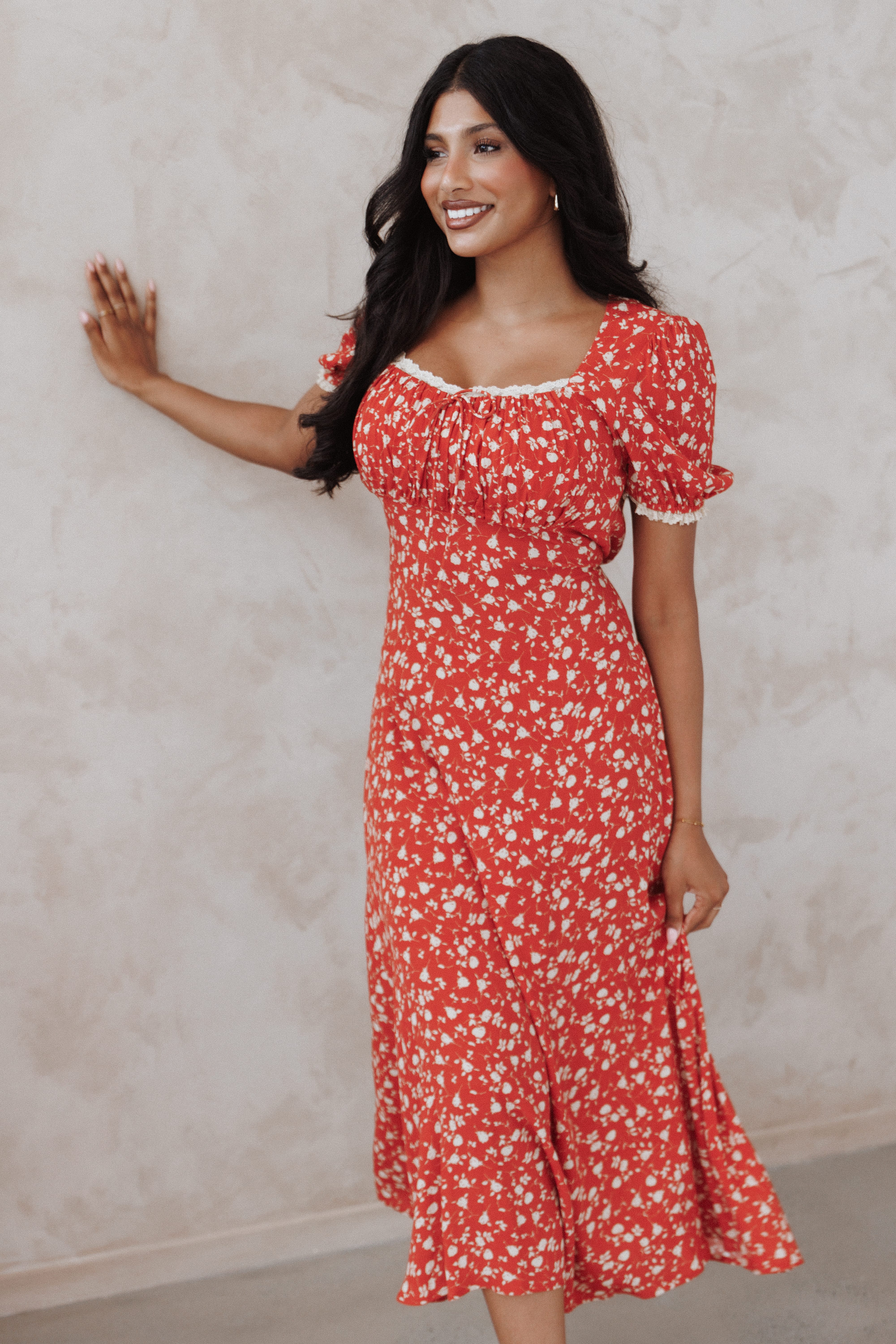 Francine Lace Midi Dress - Red Floral
