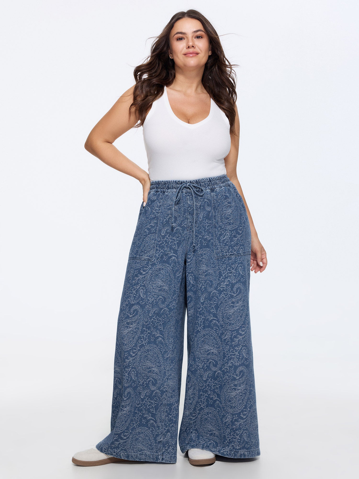 Washed Paisley Print Drawstring Wide Leg Jeans