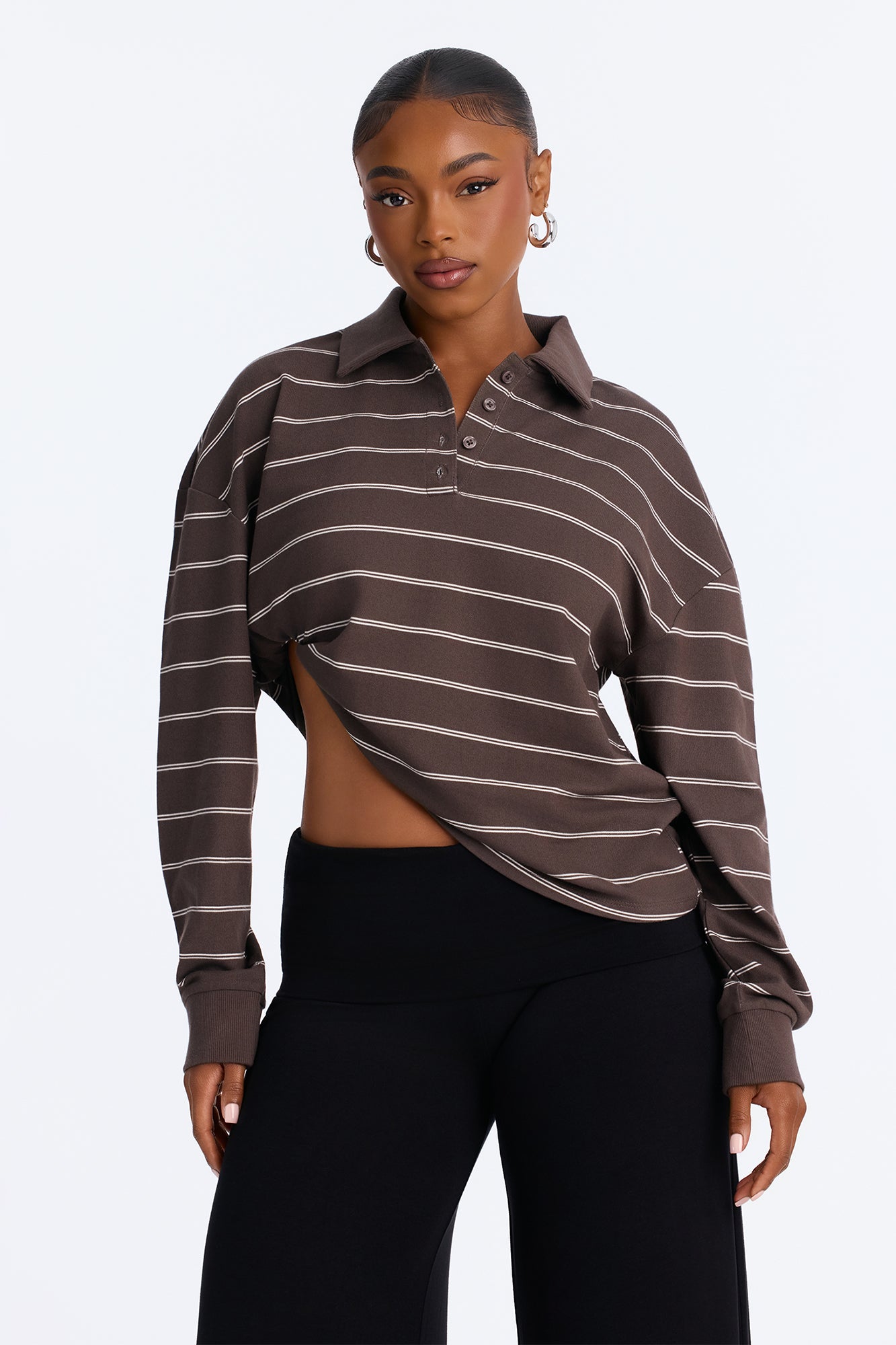 Nikki Striped Long Sleeve Polo Top - Brown/combo