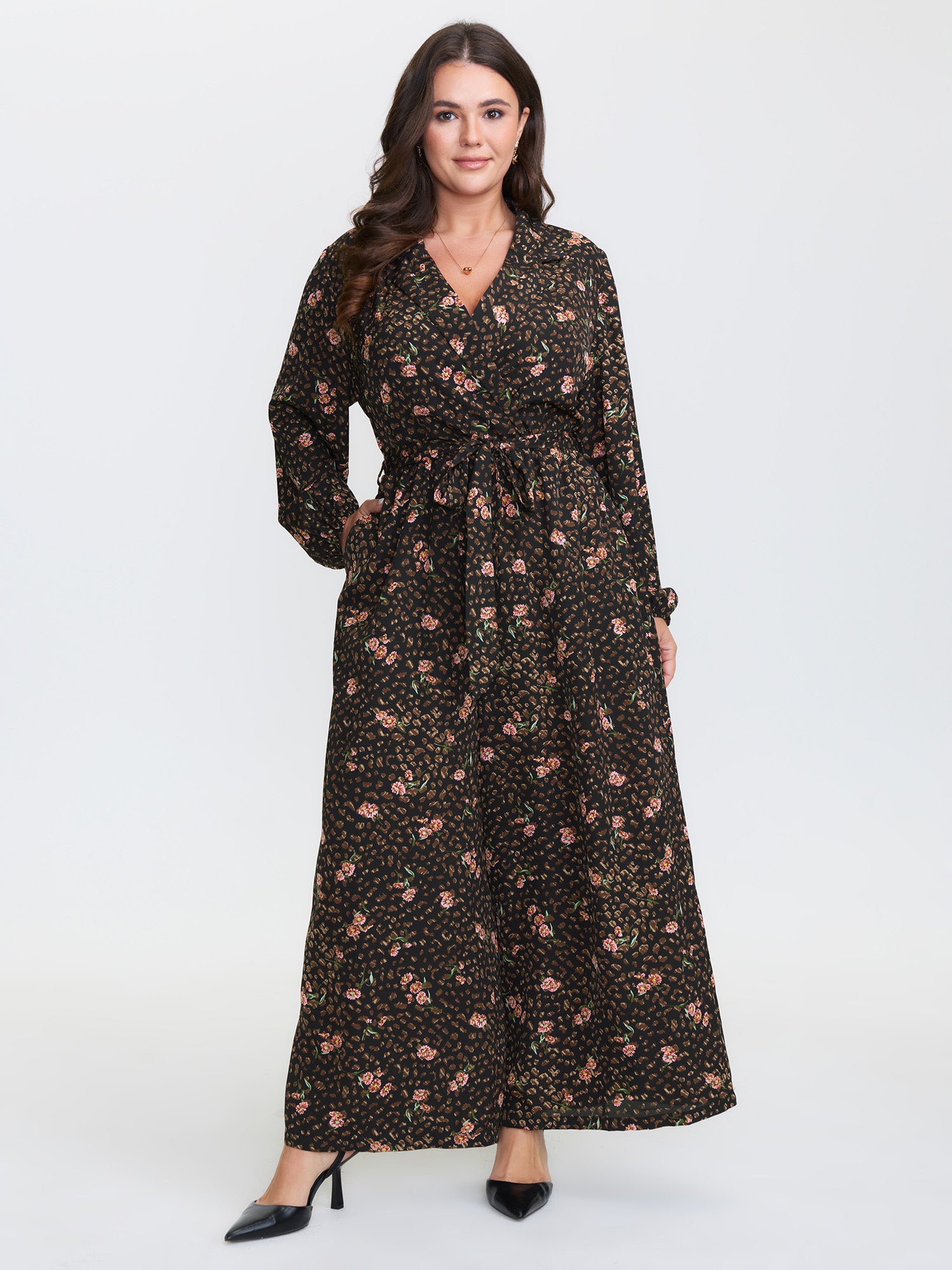 Floral Leopard Print Belted Collar Jumpsuit