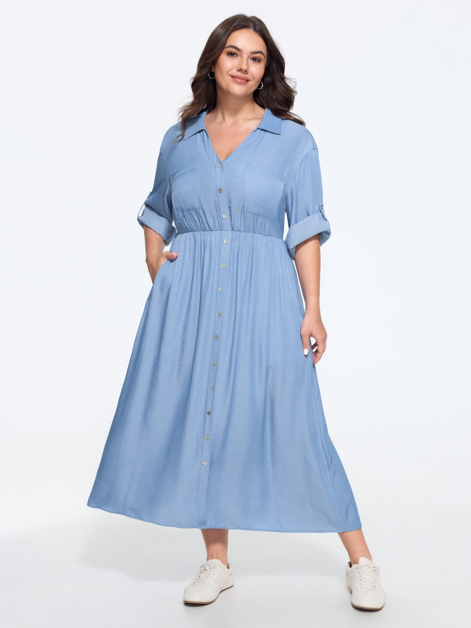 Textured Roll Tab Sleeve Pocket Midi Dress