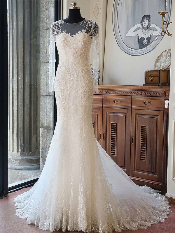 Elegant Mermaid Long Sleeves Lace Chapel Train Wedding Dresses with Appliques