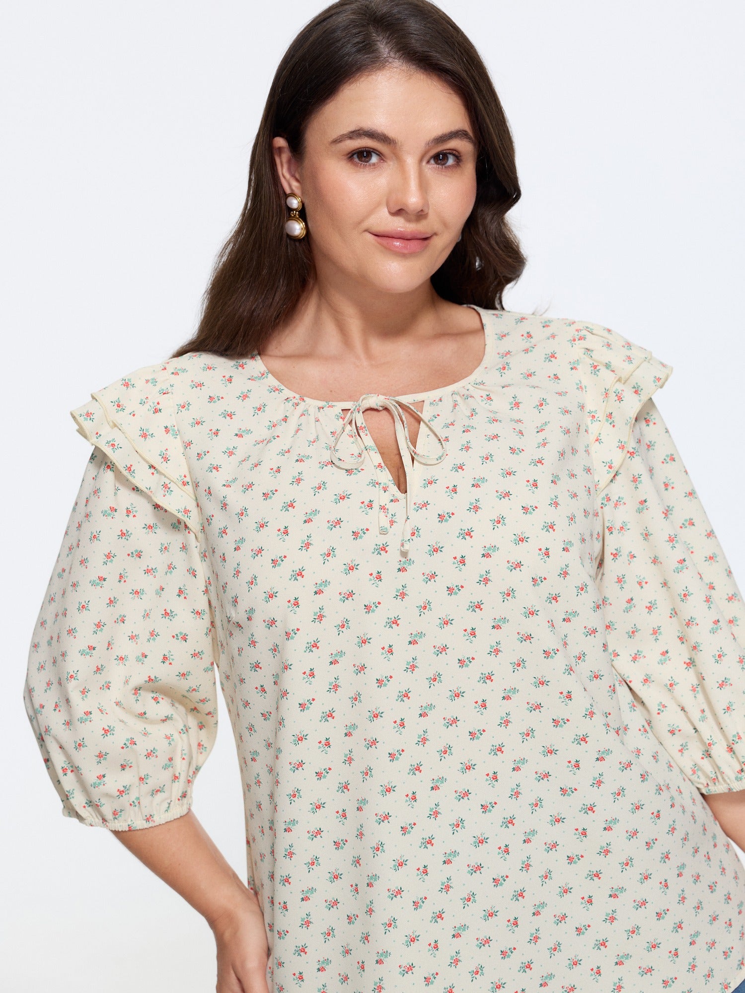 Ditsy Floral V Neck Ruffle Blouse