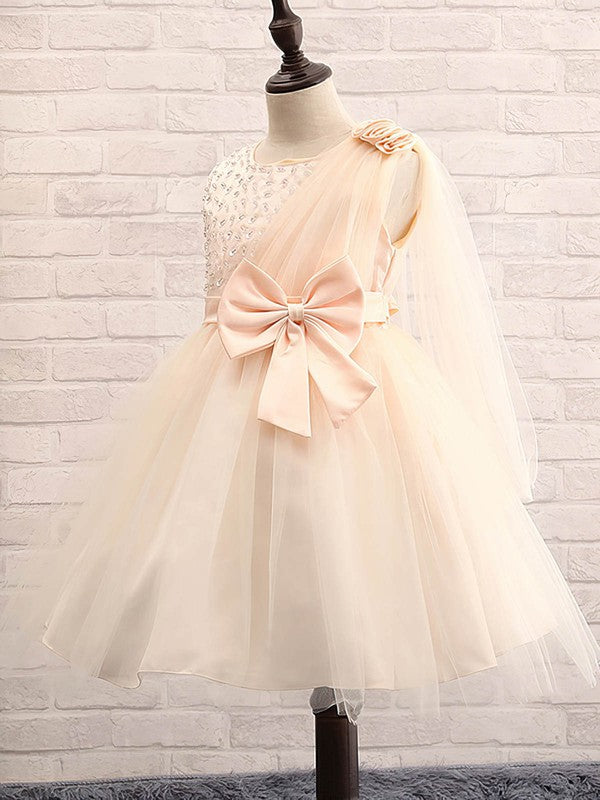Fashionable Ball Gown Jewel Neck Tulle Sequined Flower Girl Dresses with Bow