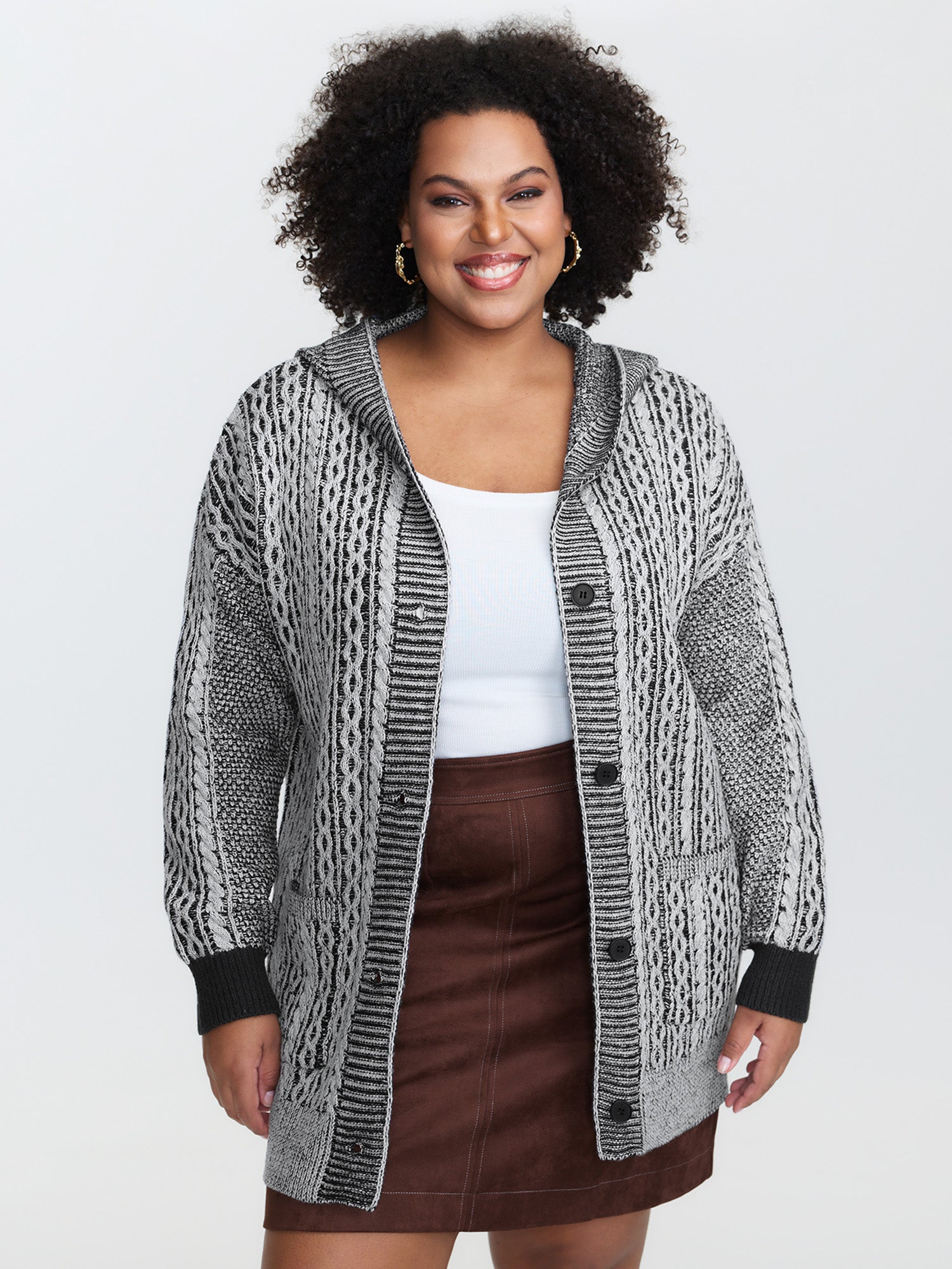 Braided Texture Button Stretchy Pockets Knit Cardigan