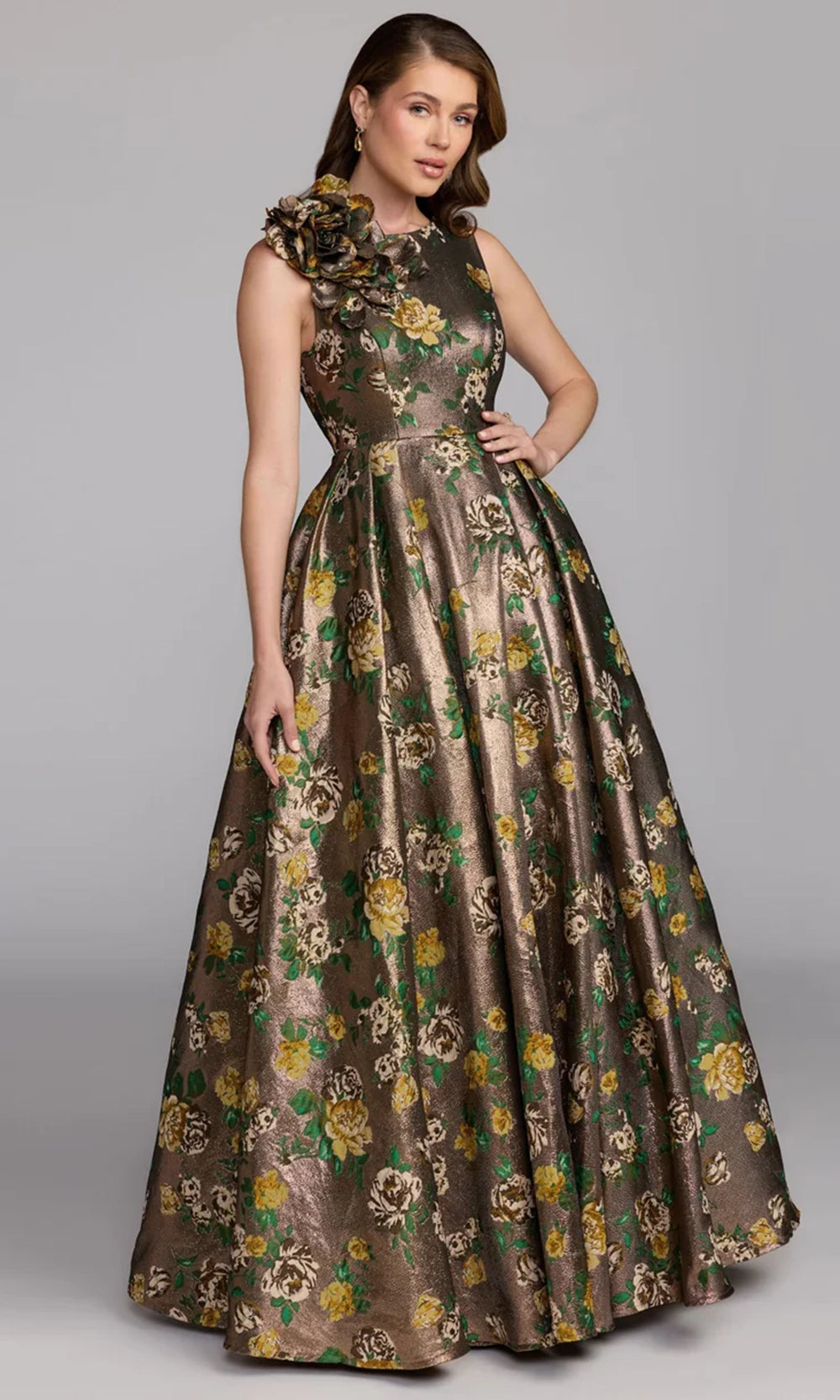 Mac Duggal 11873 - Sleeveless Metallic Floral Brocade Evening Gown