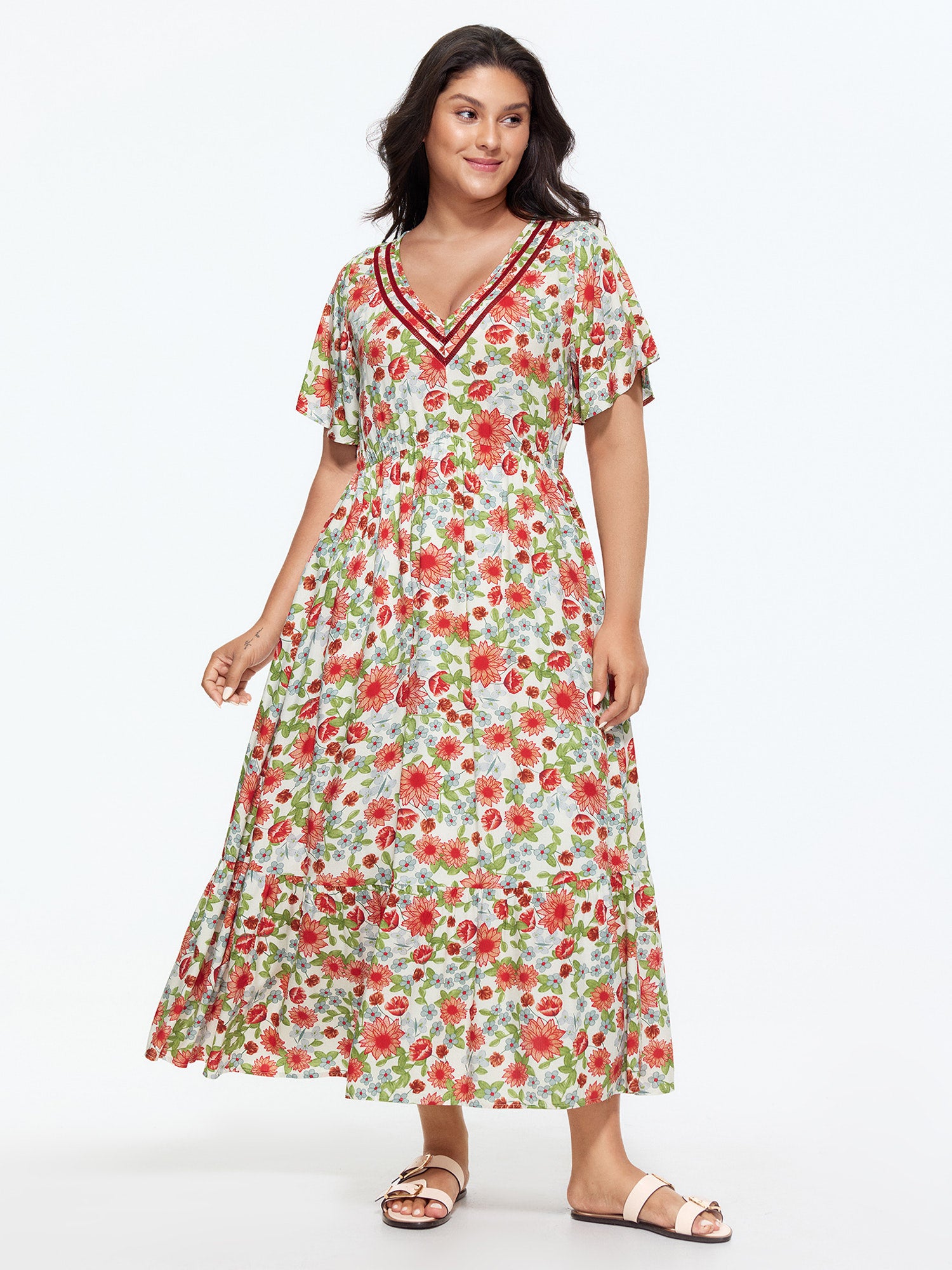Floral Print Color Contrast Lace Maxi Dress