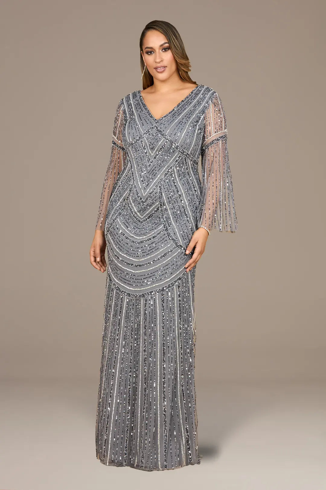 Long Sleeve Beaded Gown with Trumpet Sleeves