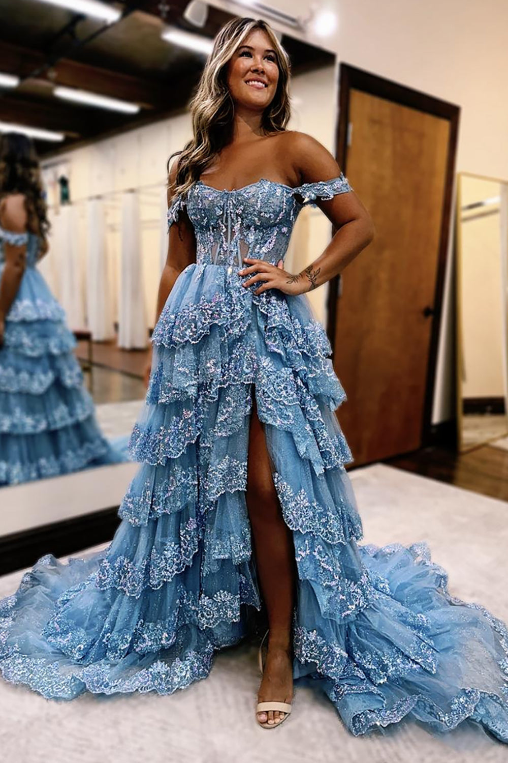 Off the Shoulder Long Corset Prom Dress in Grey Blue with A-Line Tiered Design and Slit