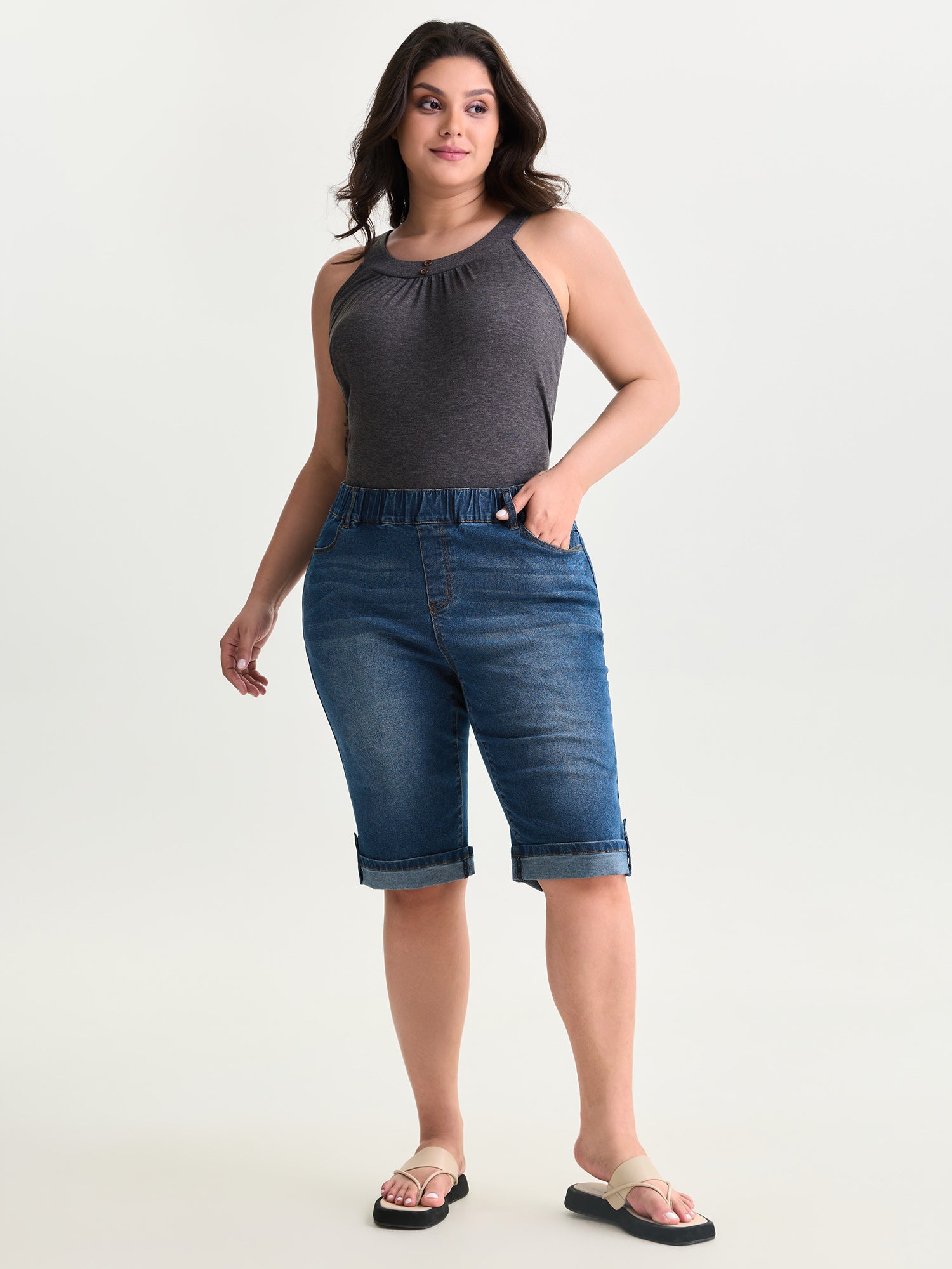 Pull-On Stretchy Denim Shorts