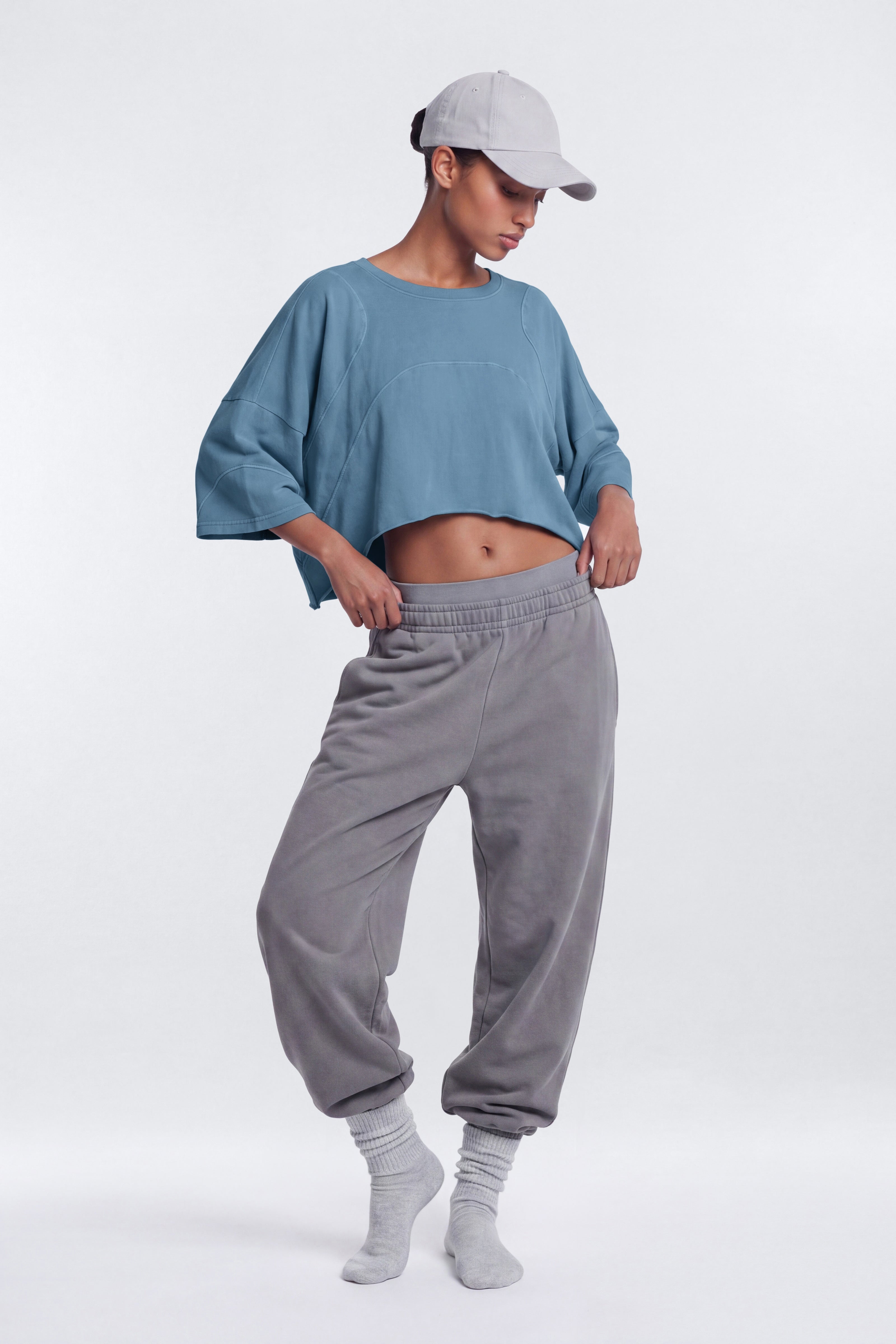Cotton Jersey Oversized Stitched Short Sleeve Top - Soft Indigo