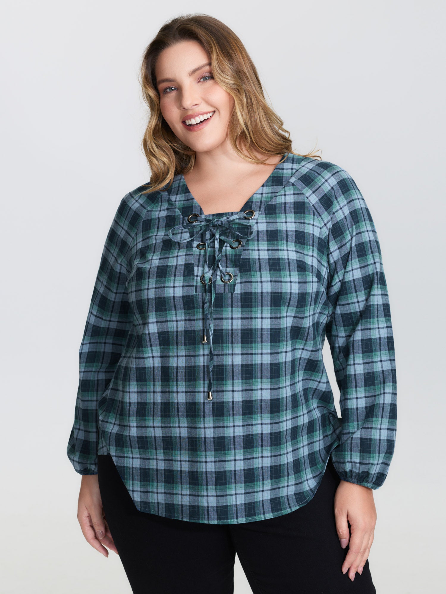 Plaid 2-in-1 Neck Tie Blouse